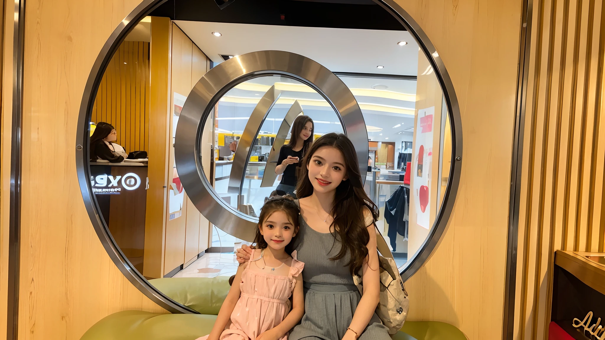 Best Quality, Masterpiece, Ultra High Resolution, (Realisticity: 1.4), Original Photo, Street View, 2girls, 25 years old women and 8ars old girl, lady and liirl, mother and daughter, movie lighting, fashion model, cute, smile,