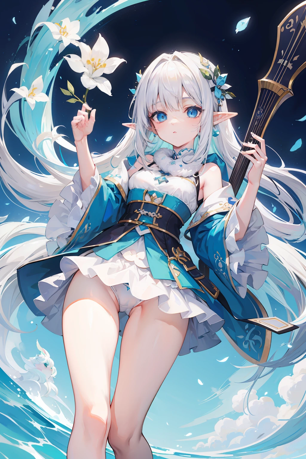 Creamy white hair,Fuzzy clothes,Hairy lute,Blue and white color scheme,Cute as the Jade Rabbit Elf,Precision and flexibility,white panties,Beautiful appearance,It's a sweet girl