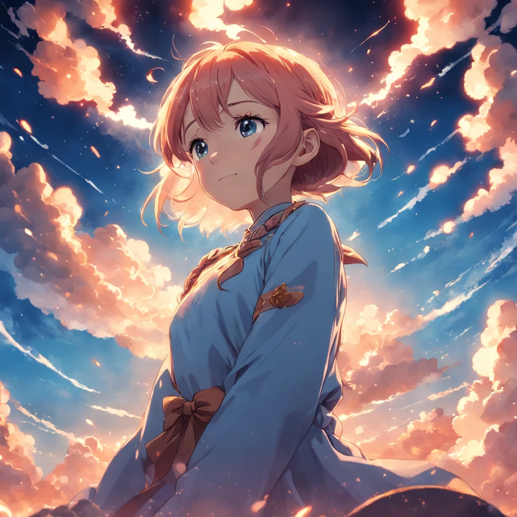 masterpiece, best quality, movie still, 1girl, cloud girl, floating in the sky, close-up, bright, happy, warm soft lighting, sunset, (sparks:0.7)