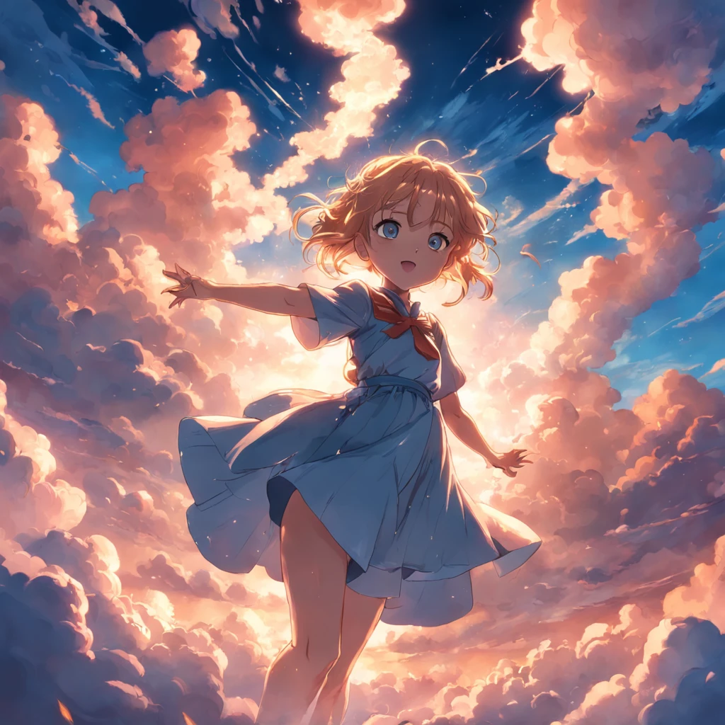 masterpiece, best quality, movie still, 1girl, cloud girl, floating in the sky, close-up, bright, happy, warm soft lighting, sunset, (sparks:0.7)