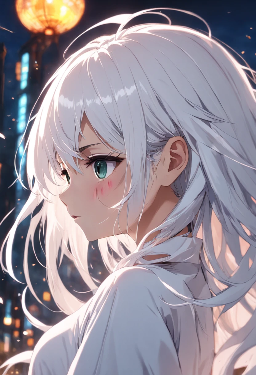 white color hair,Woman,With a gentle expression,streaked hair,mole under eye,rolling eyes