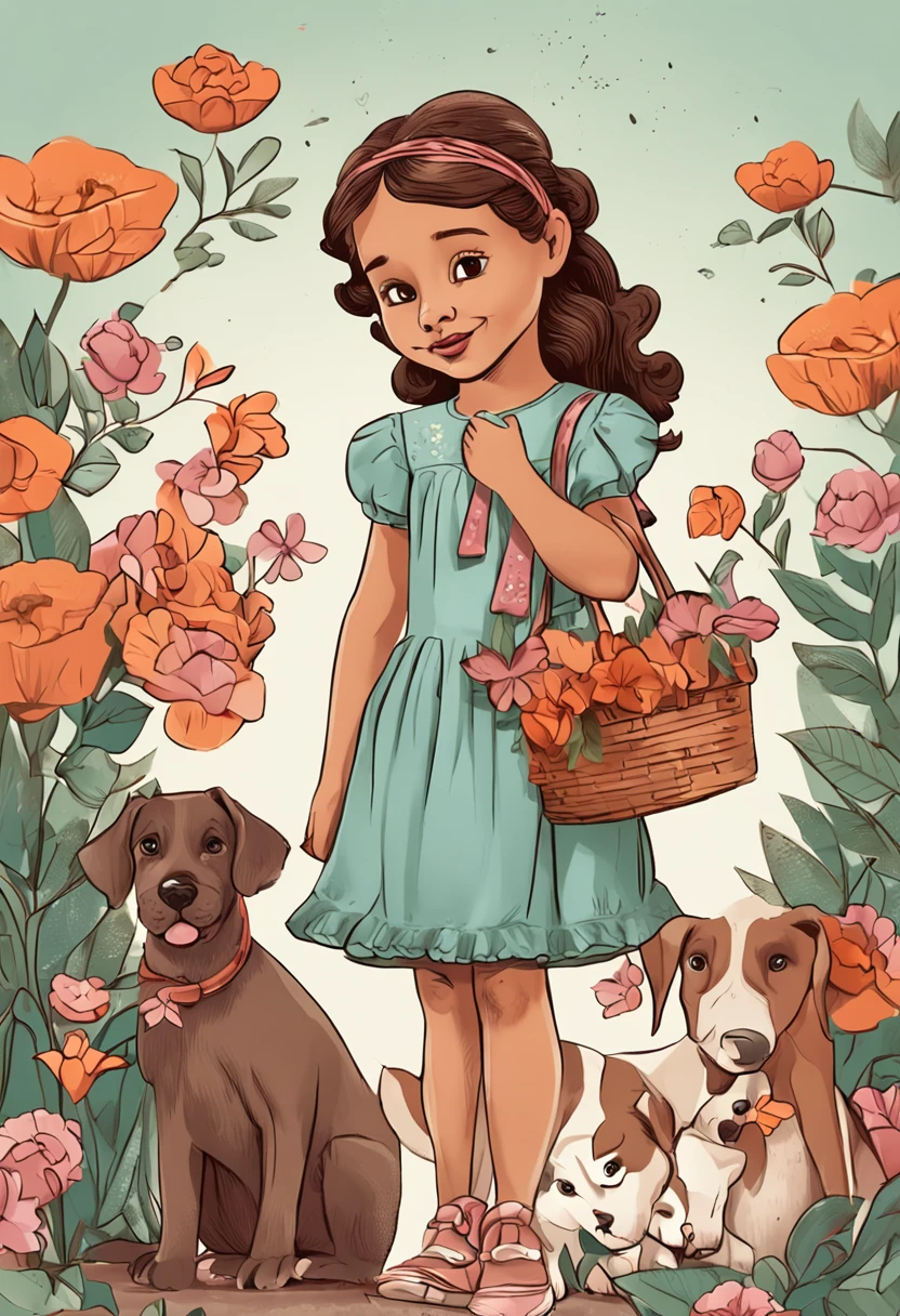 uma corajosa menina de 4 anos, various poses and expressions, em fundo branco, children's book ilustration style, simples, fofa, 4 anos, with your little dog, fofo, medium brown hair, cor lisa, vestido estulo camponesa, estampa de flores, com tiara de flores, sapatinho vermelho,without glasses, sem mochila, sem livro