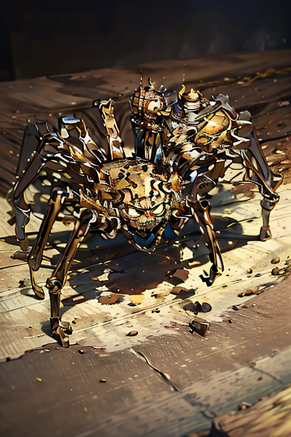 Imagine uma aranha monstruosa feita de aragonita marrom, with a slender body and sculpted in details that enhance its rich shades of brown. Each leg is carved in smooth, polished brown aragonite, creating a fascinating look. Seus olhos, feitos de pequenas pedras de aragonita marrom, brilham com um tom dourado suave. As the spider moves, Its brown color blends perfectly with the vegetation around it, tornando-se uma predadora camuflada e poderosa