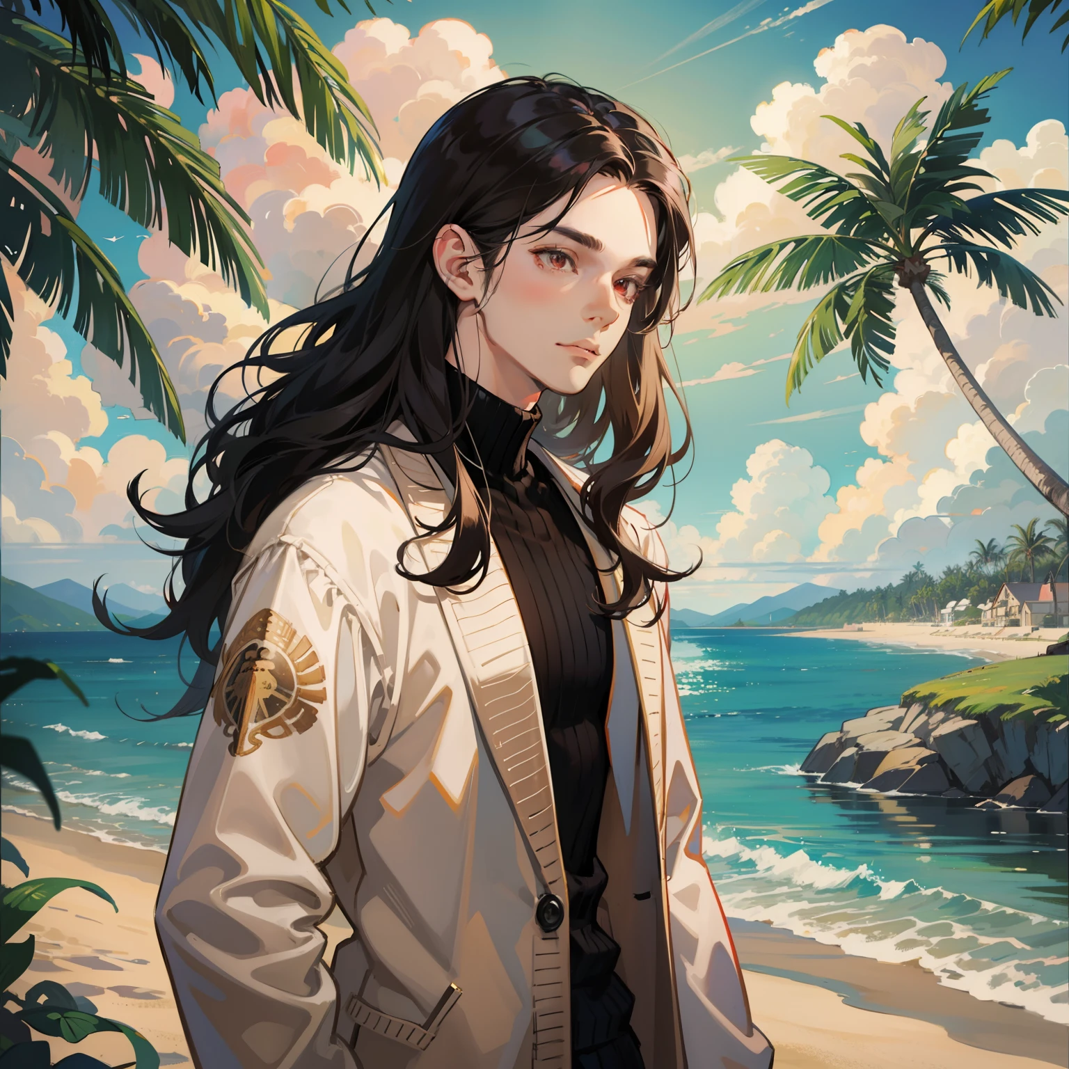 Best quality, masterpiece, potrait, avatar, half-body, 1 man, tall muscular guy, male, man focus, man only,  long wavy black hair, red eyes, turtle-neck with brown cardigan, 3/4 side, bright eyes, brilliant scene, sky, looking down, looking at the viewers, beach background, sand, island, coconut trees, waves, sea, city view