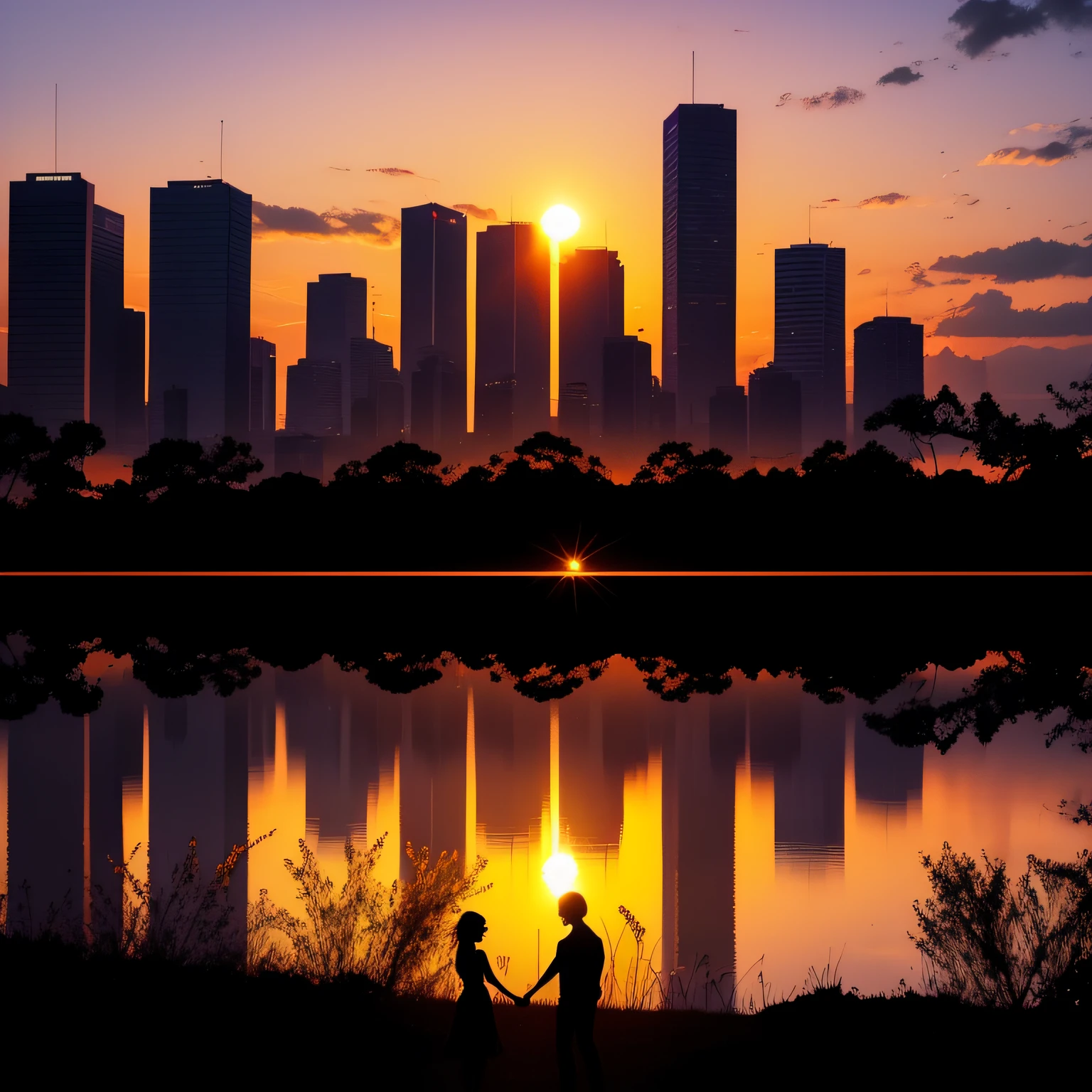 Urban sunset, orange-purple gradient, distant silhouette, subtle buildings, foreground park, breezy ripples, dancing leaves, refreshing, cool, Smooth Jazz vibe.