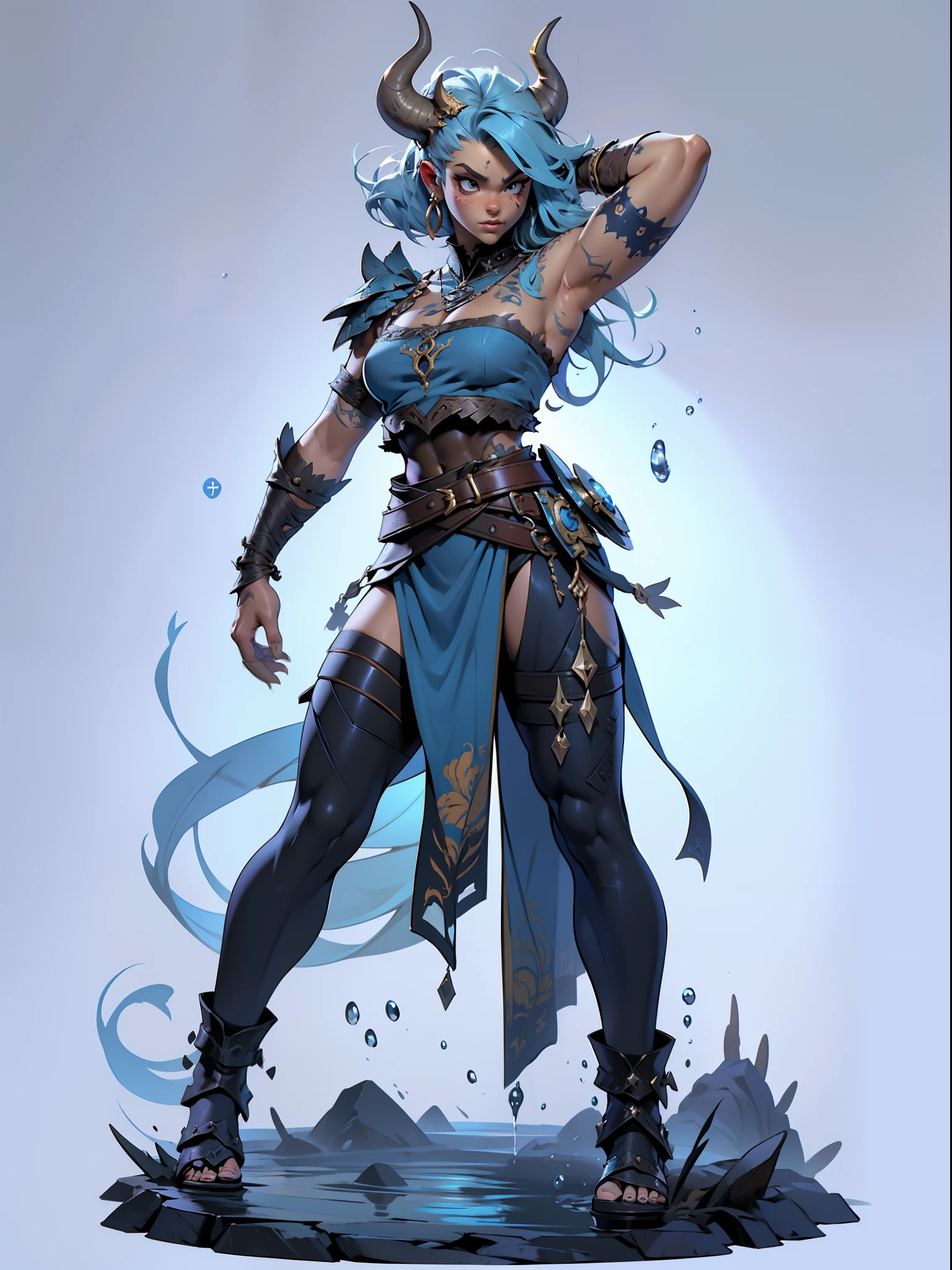 ((top-quality))、((tmasterpiece))、((Full body photo of a woman))、((very simple background))、(Game character design)、amazon warrior，Primitive barbarian tribal style，The water element blends with the clothes，((Blue cuirass bandeau))，exposed navels，Blue animal skin costume，cloaks，Blue clothes，Blue demon monster、monster design，(Water Goddess，Marine element merger)、Cartoony、Beastman、Ivory ornaments、独奏、Fighting posture，Riot game concept art