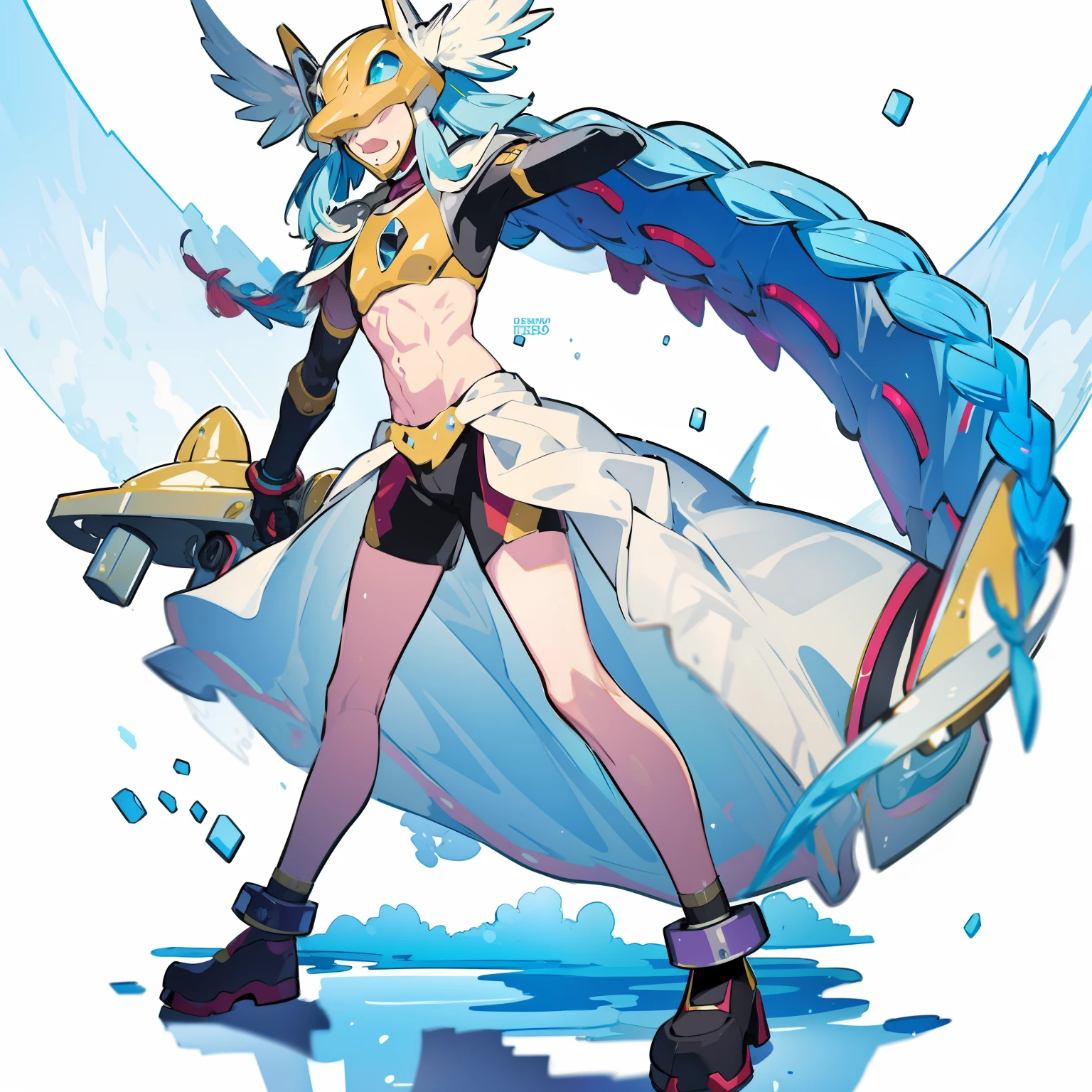 ,((masterpiece: 1.2)),ultra-detailed, ultra high res, high quality, 4K, solo, 1girl,extreamly delicate and beautiful,illustration,masterpiece,(illustration),(highres),weapon,(fullbody),digimon,standing,blue_hair,(crossed leg),twin_braids,tight shorts,