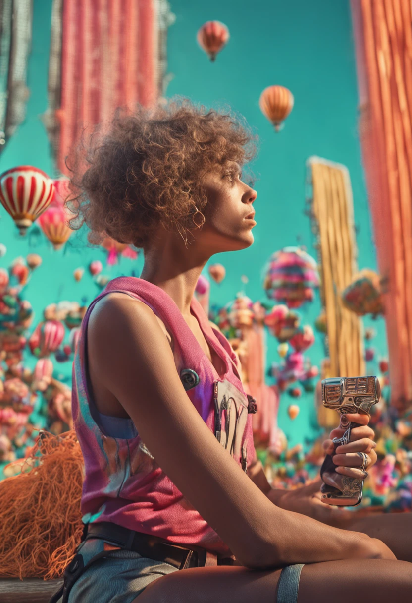 A model with her hands crossed, Glasses closed, Wear a sleeveless T-shirt, There are some hair dryers of different colors on hand, topknot, naughty, Surrealism, high detail, depth of field, god rays, Sony FE GM, character chart, textured skin