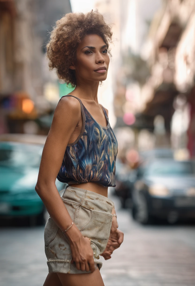 A model with her hands crossed, Glasses closed, Wear a sleeveless T-shirt, There are some hair dryers of different colors on hand, topknot, naughty, Surrealism, high detail, depth of field, god rays, Sony FE GM, character chart, textured skin