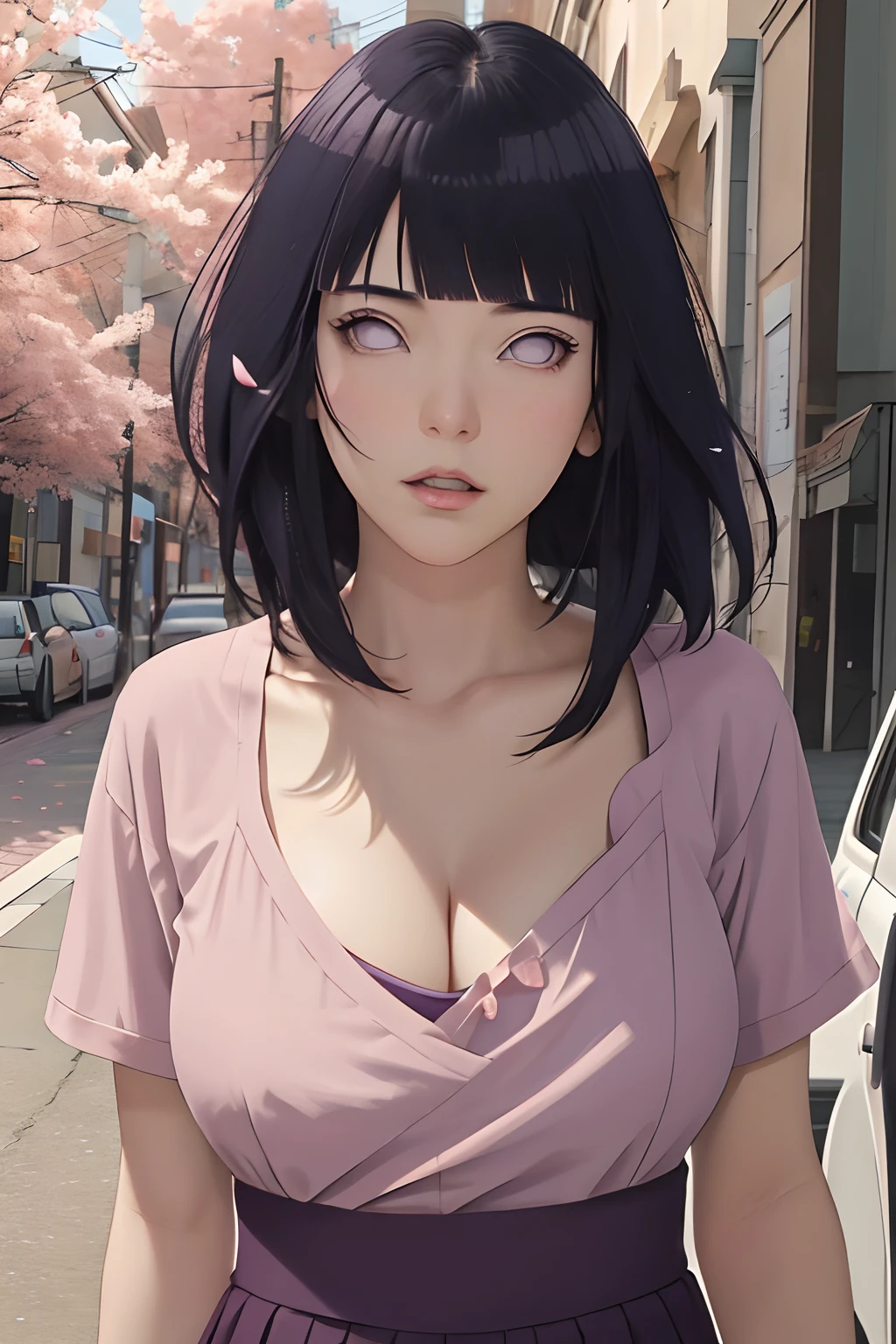 masterpiece, absurdres, hinata\(boruto\), 1girl, solo,mature female, tshirt v neck, high waist mini skirt, looking at viewer, (falling petals), perfect composition, detailed lips, big breast, beautiful face, body propotion, blush, (pink lips), long hair, purple eyes, soft gaze, super realistic, detailed, photoshoot, realistic face and body, cleavage