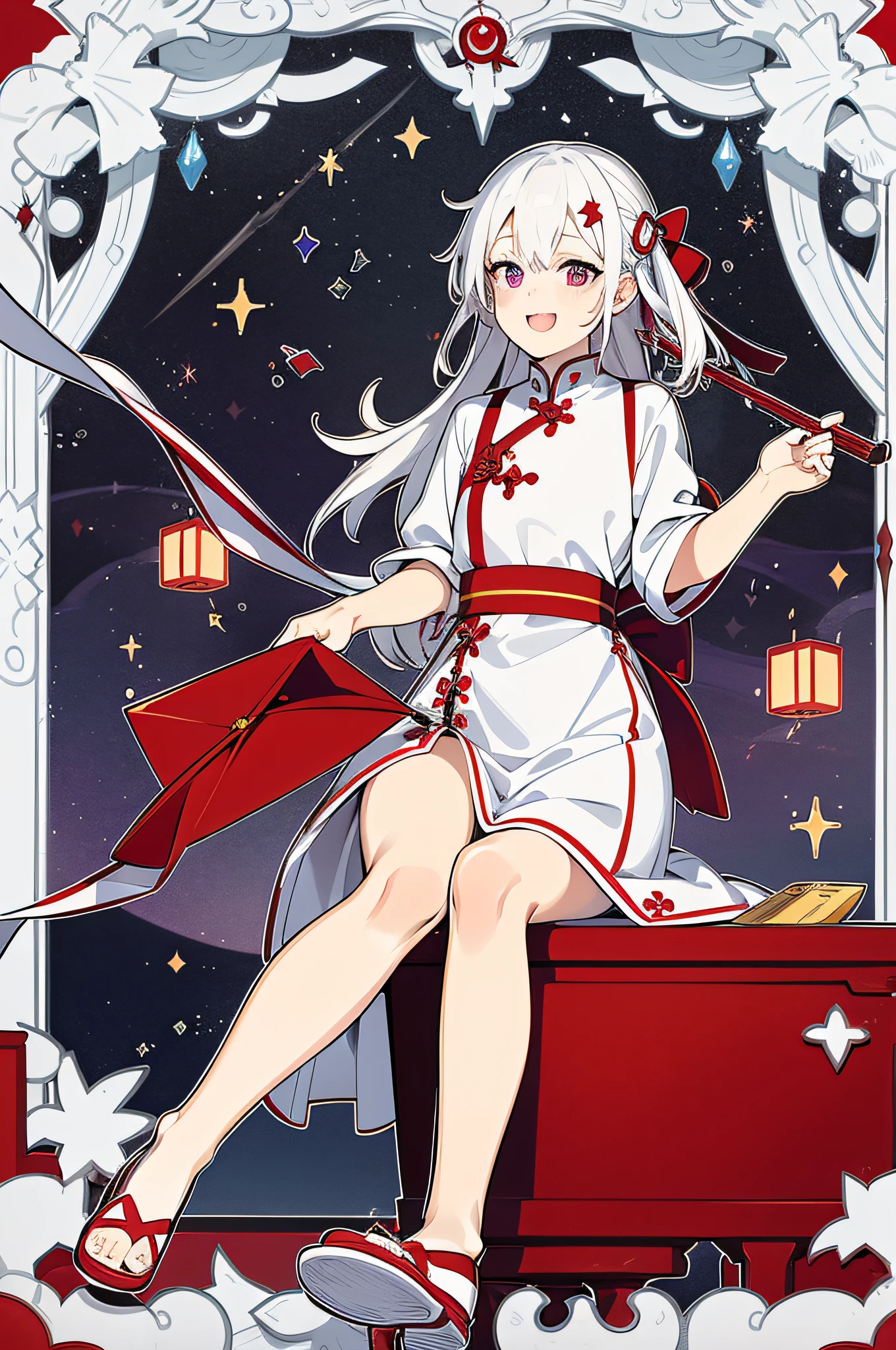 Under the dark starry sky，Maiden sitting on the roof，She has pure white hair，Purple eye，Loose hair，Wearing cute fireworks-shaped hairpins and star hairpins，Wearing a red cheongsam，Red envelope in hand，Smug，Smile，Open mouth，Show cute fangs