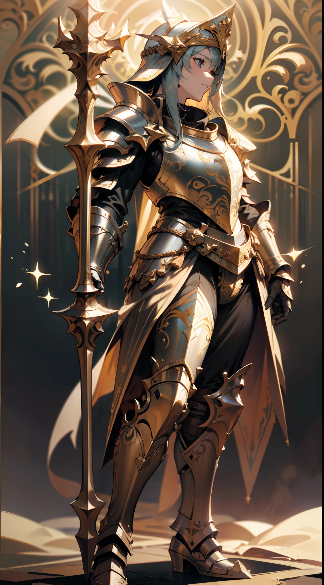 Game character design,holy paladin,Quaint and heavy armor wraps the entire body,shelmet,Holding a stout and ornate scepter,heavy boots,(full bodyesbian:1.4),solid color backdrop,clean backdrop,depth of fields,high light,Real light,Ray traching,oc rendered,Hyper-realistic,best qualtiy,8K,Works of masters,super-fine,Detailed pubic hair,Correct anatomy,Bokeh,Facial features are carefully depicted
