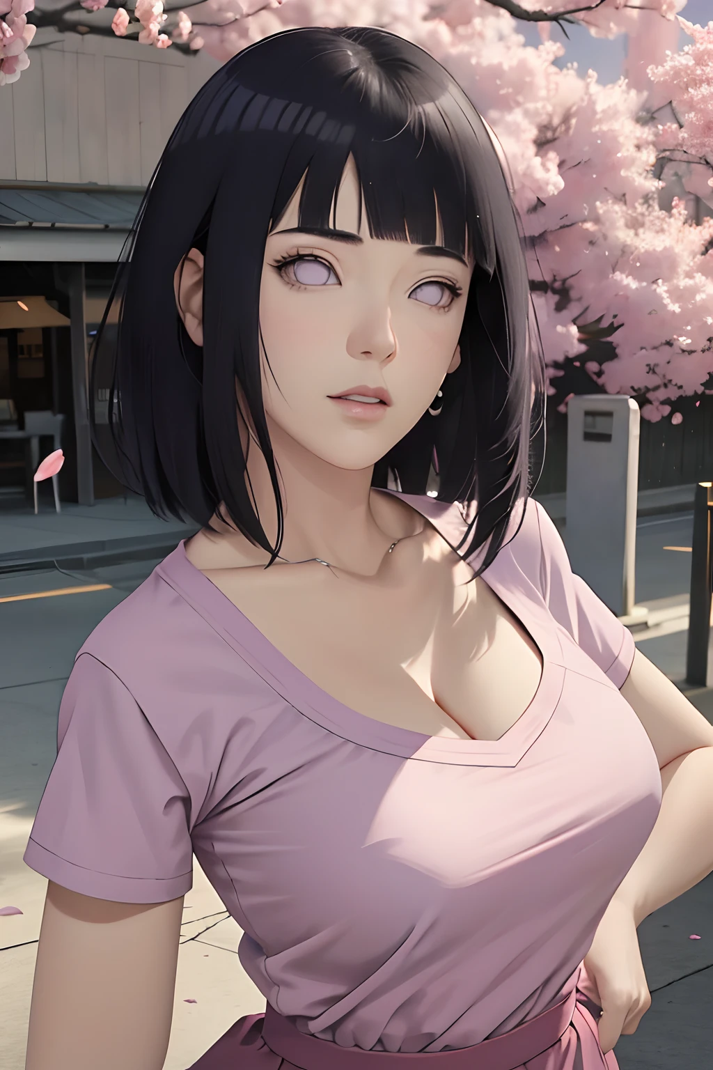 masterpiece, absurdres, hinata\(boruto\), 1girl, solo,mature female, tshirt v neck, high waist mini skirt, looking at viewer, (falling petals), perfect composition, detailed lips, big breast, beautiful face, body propotion, blush, (pink lips), long hair,  purple eyes,  soft gaze,  super realistic, detailed, photoshoot, realistic face and body, cleavage