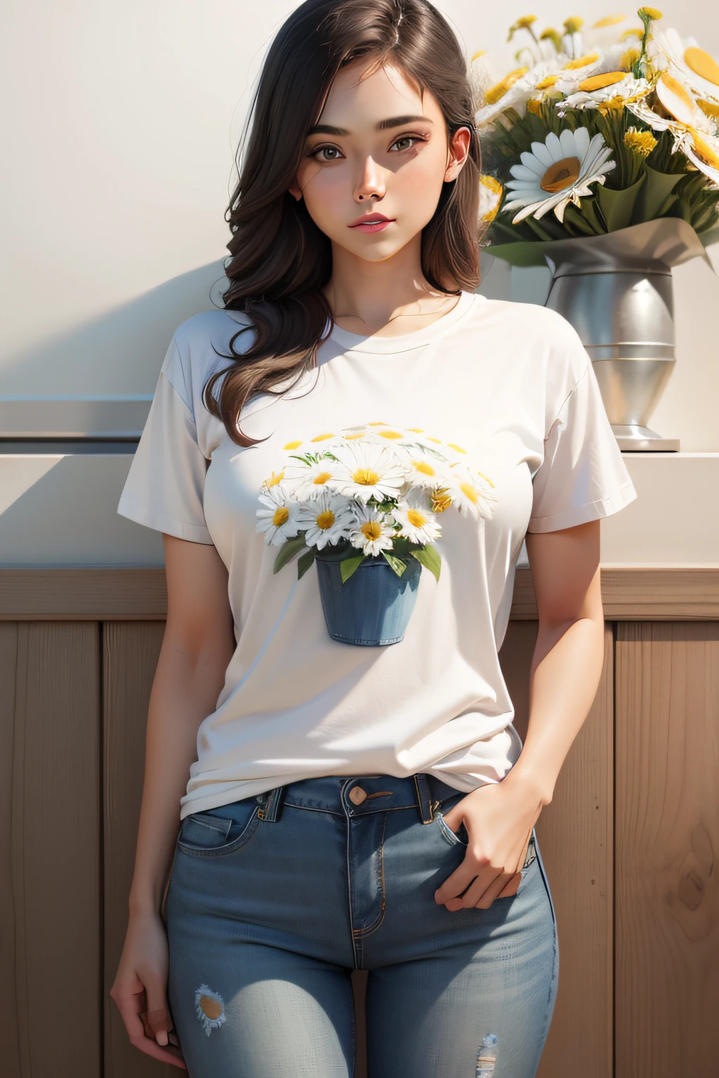 white cotton tshirt mockup with wild daisy flowers bouquet and jeans design t shirt template tee print presentation mock up, t shirt only not human