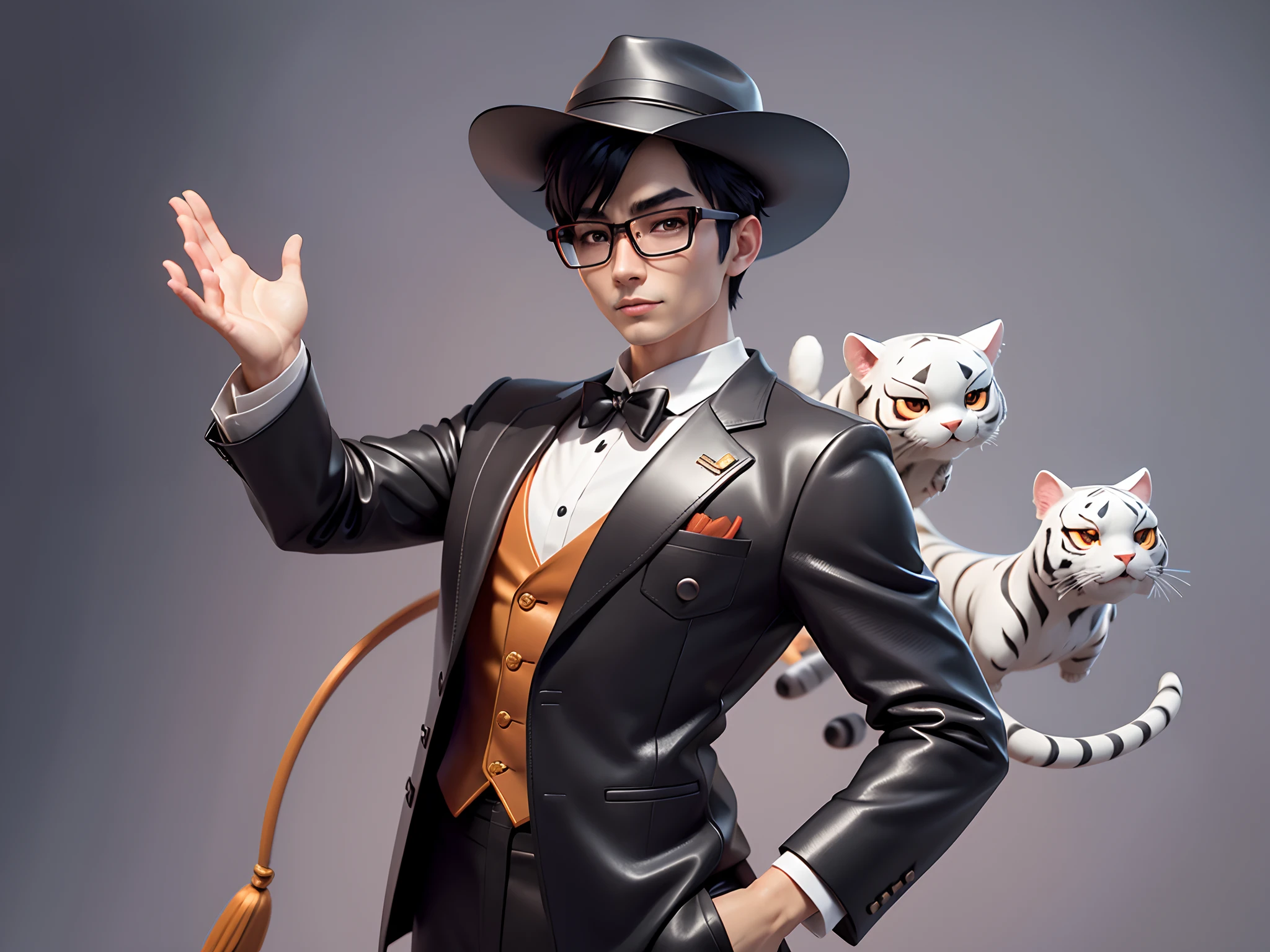 Young man with oriental face in leather hat, tiger, oriental face in formal suit, short black hair, silver glasses, digital painting, 3D character design by Mark Clairedon and Pixar and Hayao Miyazaki and Akira Toriyama, the illustration is a high-definition illustration in 4K resolution with very detailed facial features and cartoon-style visuals.