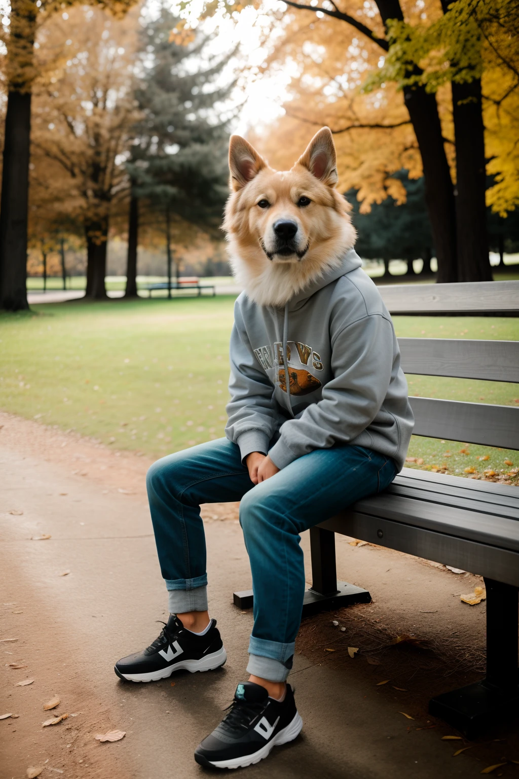 RAW photo, Animal, portrait photo of [Man:Doggy:2] Humanoid creatures in clothes, face, sitting on the bench at the outdoor park, 8K  UHD, Digital SLR, Soft lighting, High quality, filmgrain, Fujifilm XT3