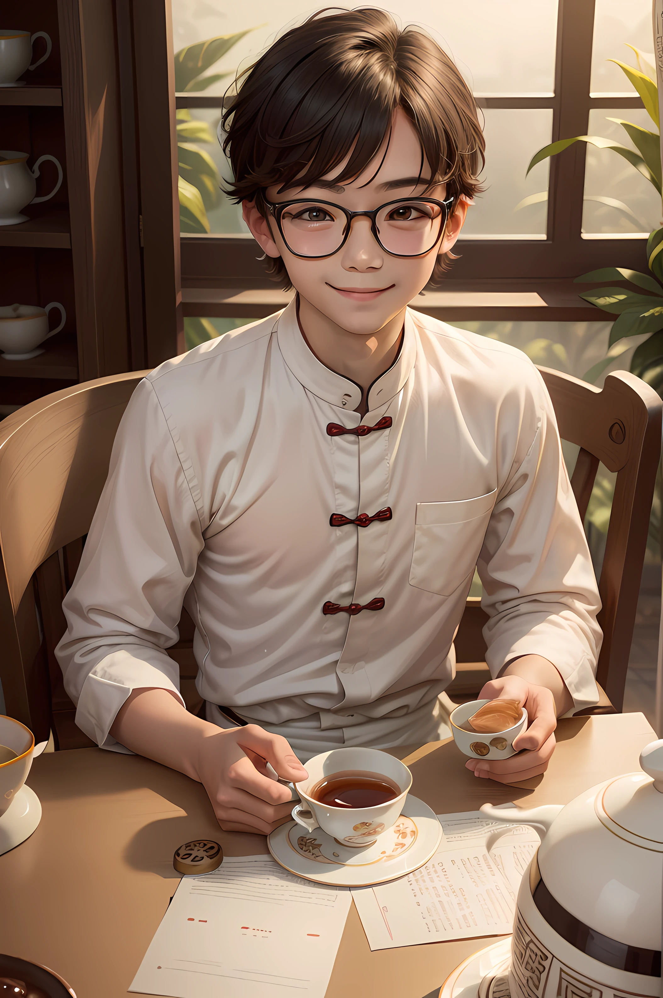 YOUNG CUTE BOY IN WHITE CHINESE STYLE SHIRT, sitting at a table with a cup of TEA, WEARING GLASSES, BIG EYES, SMILING, THERE IS TEA CUPS ON THE TABLE, RIGHT HAND HOLD TEA CUP, LEFT HAND HOLD A COOKIE