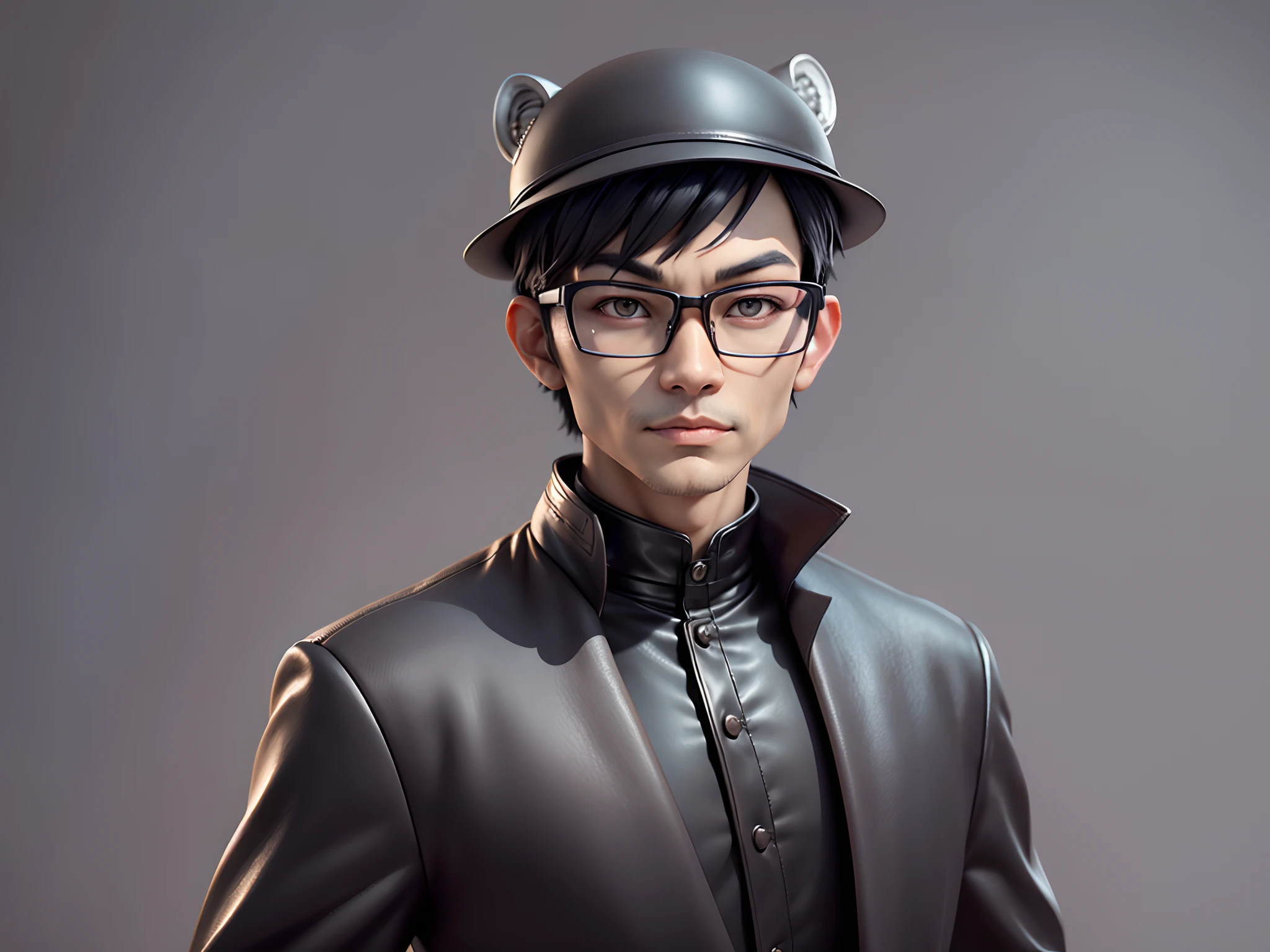 Young man with oriental face in leather hat, tiger, oriental face in formal suit, short black hair, silver glasses, digital painting, 3D character design by Mark Clairedon and Pixar and Hayao Miyazaki and Akira Toriyama, the illustration is a high-definition illustration in 4K resolution with very detailed facial features and cartoon-style visuals.