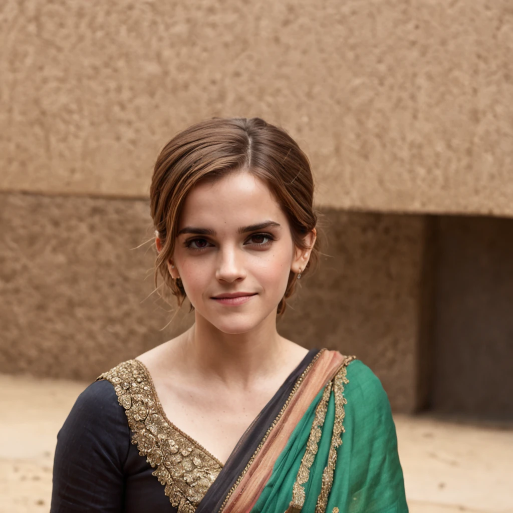 Emma Watson wearing an Indian saree, radiating a cute and shy smile, with exquisite details in every aspect.