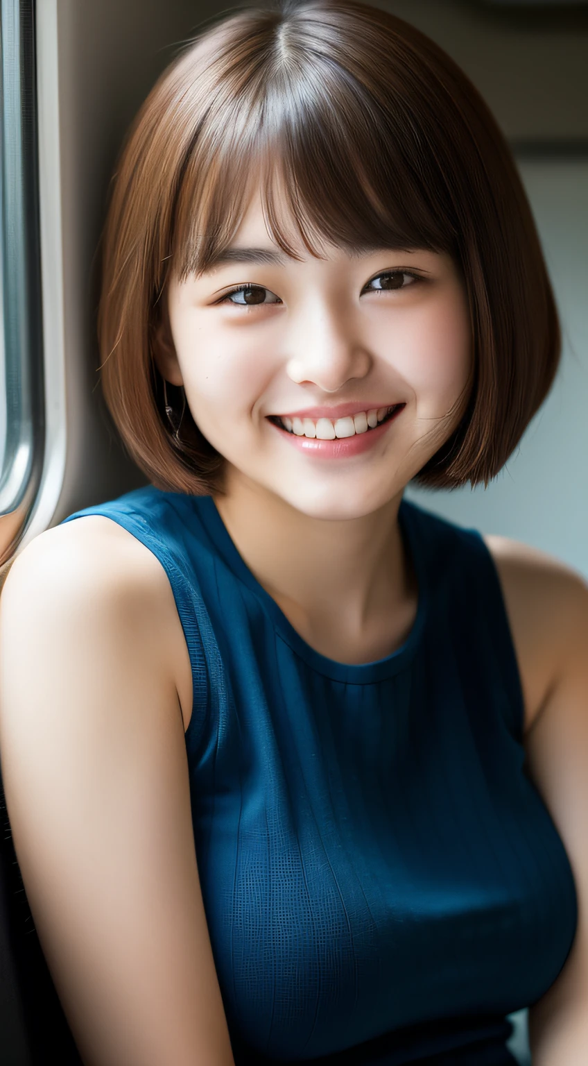 Woman sitting on train seat、a smile、short-cut、(Colossal tits:1.2)、(masterpiece、top-quality)、((20 year old woman:1.2))、Young adorable Japan face, dewy skin, Soft portrait shots,8K