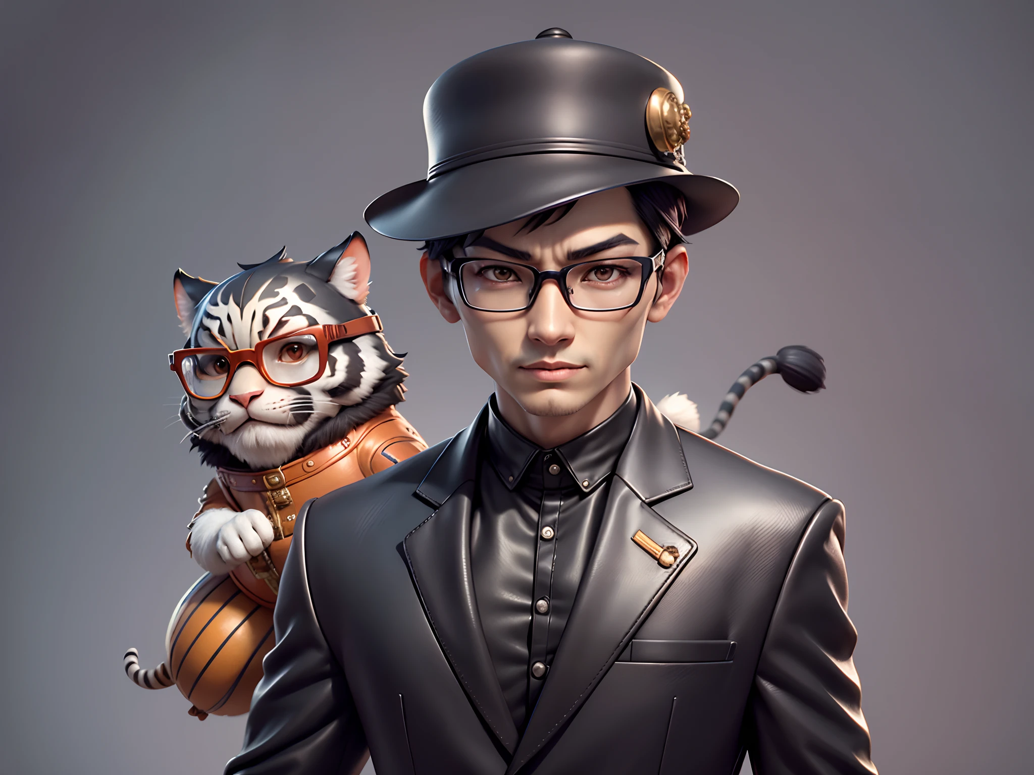 Young man with oriental face in leather hat, tiger, oriental face in formal suit, short black hair, silver glasses, digital painting, 3D character design by Mark Clairedon and Pixar and Hayao Miyazaki and Akira Toriyama, the illustration is a high-definition illustration in 4K resolution with very detailed facial features and cartoon-style visuals.