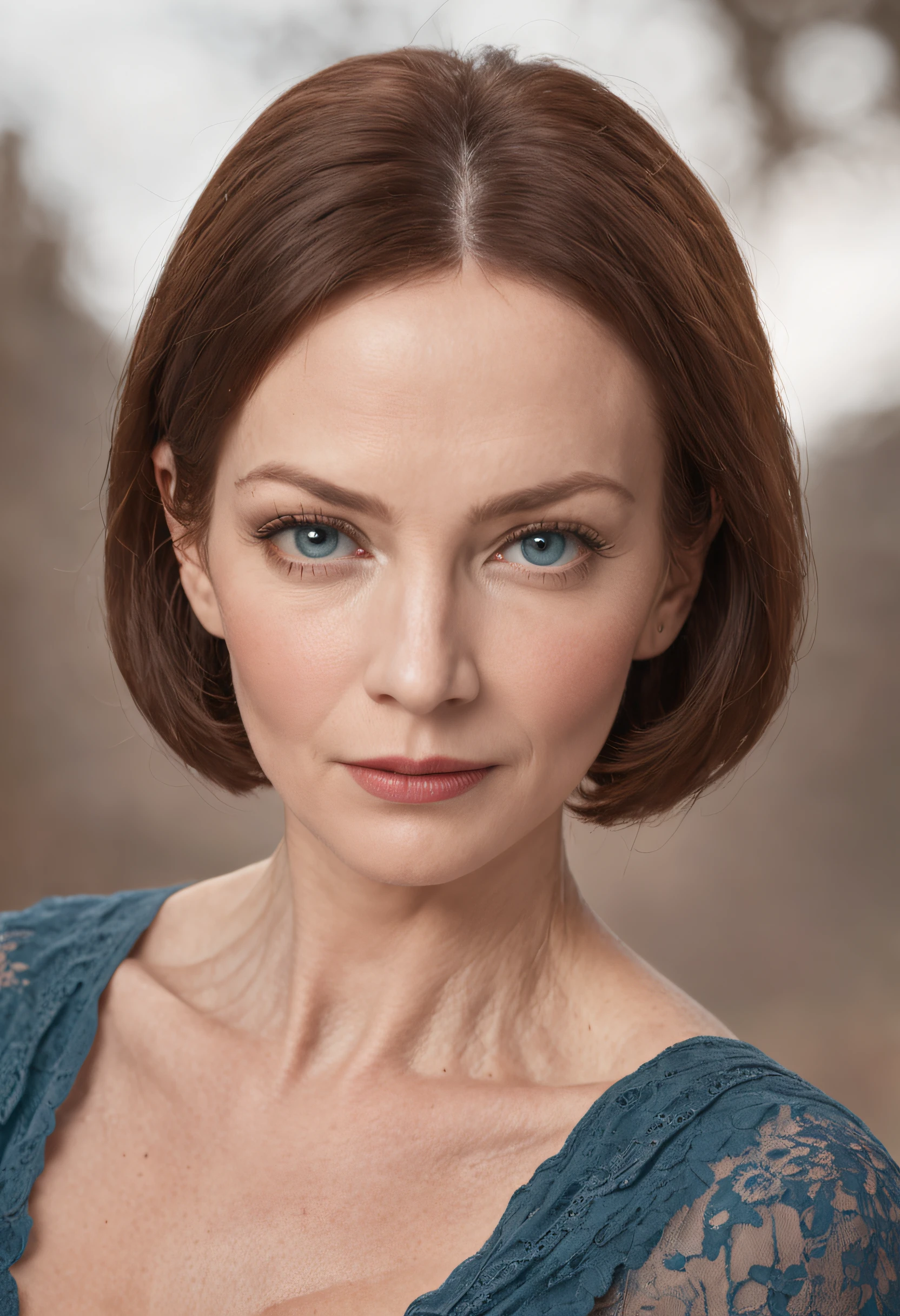 A beautiful Russian woman in her 50's with short hair, striking blue eyes, and natural wrinkles. She has a round face with fair skin and a slim figure, exuding a hot and attractive aura.