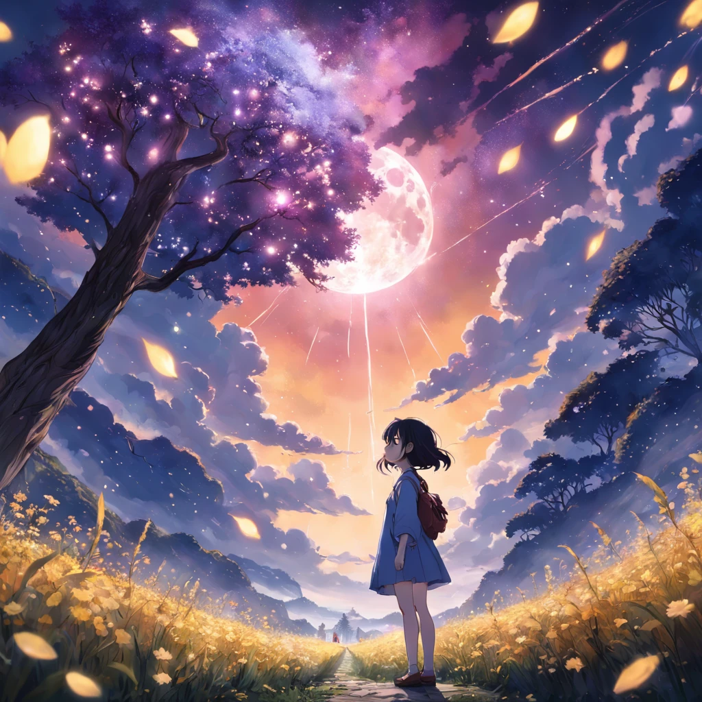By Shinkai Makoto, Vast landscape photos , (View from below,Displays the sky above and clear below), a girl standing on flower field looking up, (fullmoon:1.2), ( meteors:0.9), (Starcloud:1.3), Far Mountain, Tree Break Production Art, (Warm light source:1.2), (firefly:1.2), lamp lights, Lots of purple and blue, Intricate details, Volumetric Lighting BREAK (masutepiece:1.2), (Best Quality), 4K, Ultra-detailed, (dynamic compositions:1.4), Highly detailed, Colorful Detail,( Iridescent colors:1.2), (Luminous lighting, Atmospheric lighting), Dreamy, Magical, (Solo:1.2)