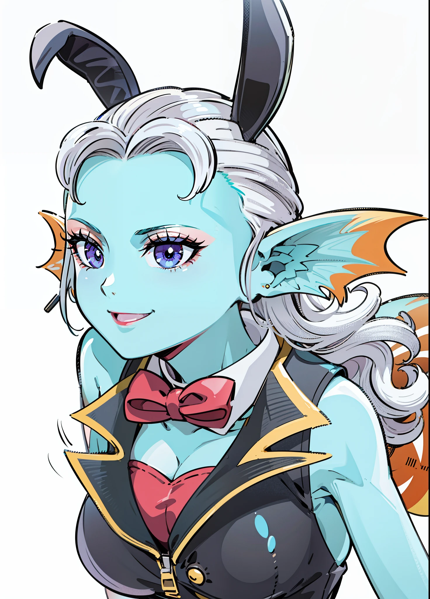 8K, High Definition, Animated, married woman, Beautiful, a small face, Beautiful, Bright, hair white, Eye Highlights, Sexy, Erotic, beautiful line art. Big Tits, Purple eyes,
light blue skin, Blue skin, Orange ears, fins, Bunny Girl, Black bunny suit,  Stand out from the costume, Glossy outfit, Smiling, Smiling, eyebrows raised, pink lipsticks, Well drawn,