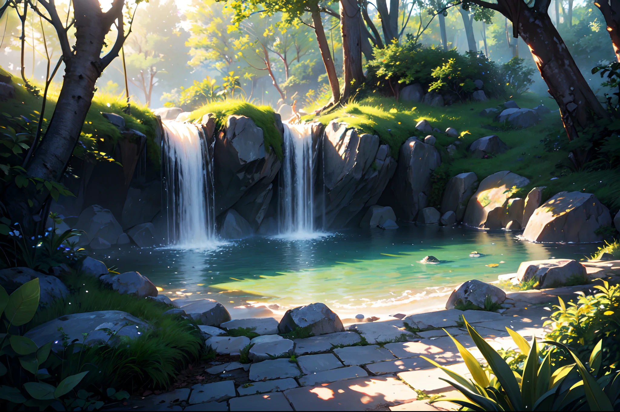 Chinese ancient times, spring, jungle, lake, cave, waterfall, tree, meadow, rock, deer, hot spring, water vapor, (illustration: 1.0), epic composition, realistic lighting, HD details, masterpiece, best quality, (very detailed CG unified 8k wallpaper)