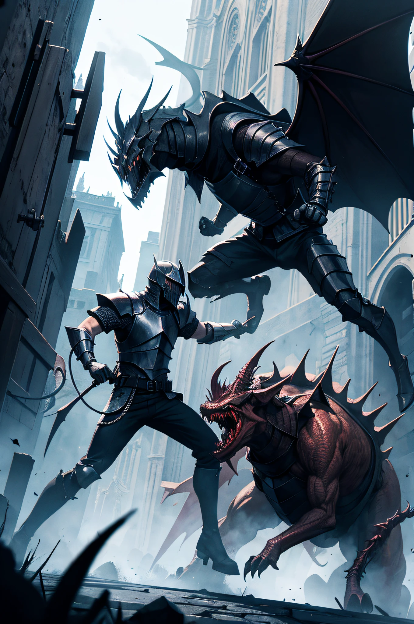 A knight fighting a demonic creature in front of a dark cathedral in hell
