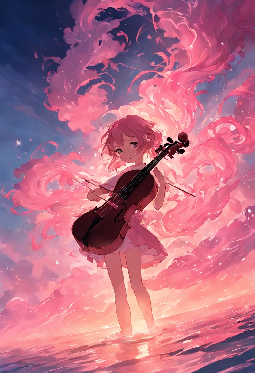 A young girl plays the violin，Behind is a sea of pink clouds，Lake surface，inverted image，Pink waves，Complicated details，Firefly 1:2，Rainbow color 1：2 Dream，