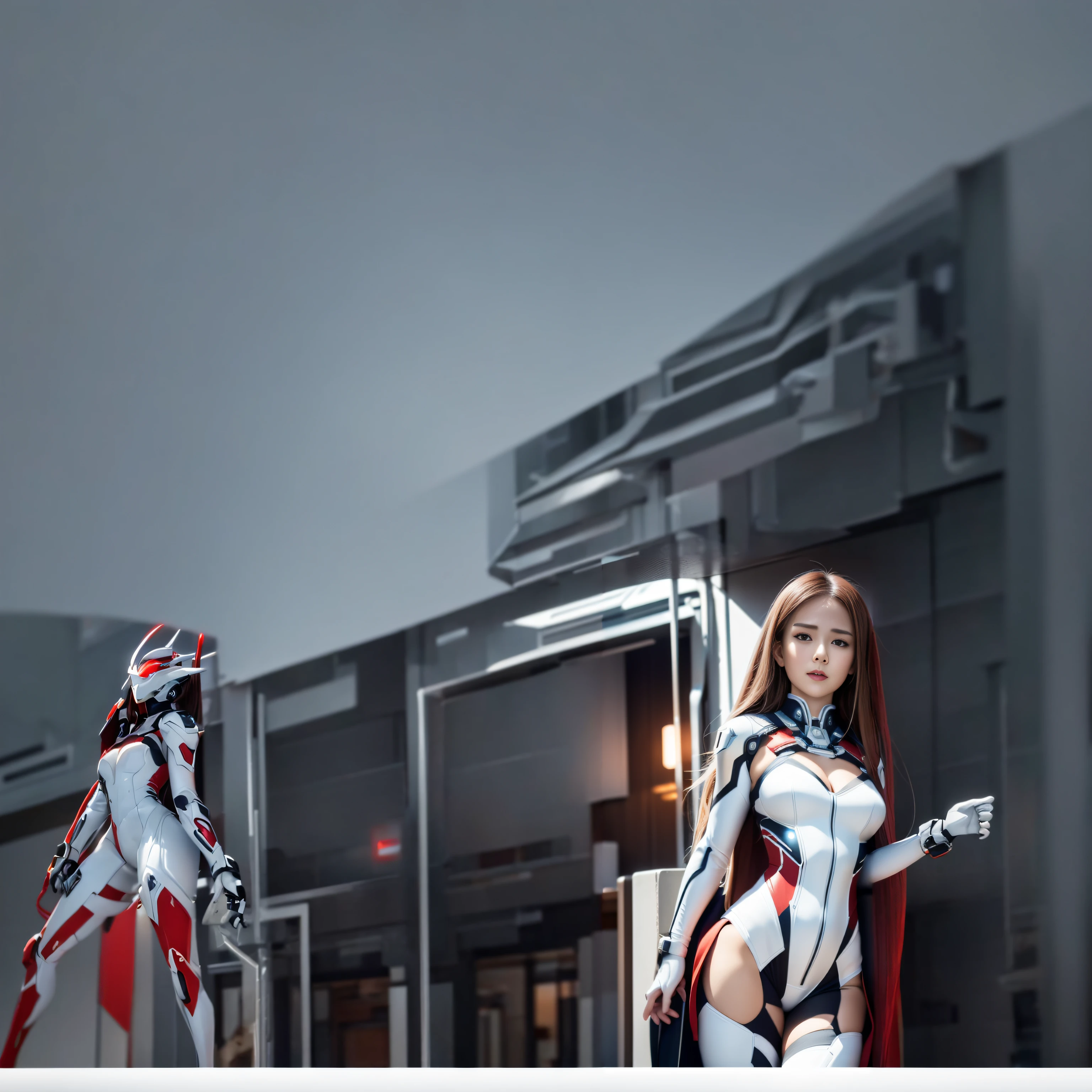 Arad woman posing for photo in white and red suit, girl in mecha cyber armor, asuka suit under clothes!, cyber suit, of a beautiful female warframe, cyber suit, perfect anime cyborg woman, beautiful girl cyborg, full body zenkai! asuka suit, gynoid cyborg body, glossy white armor, cybersuit