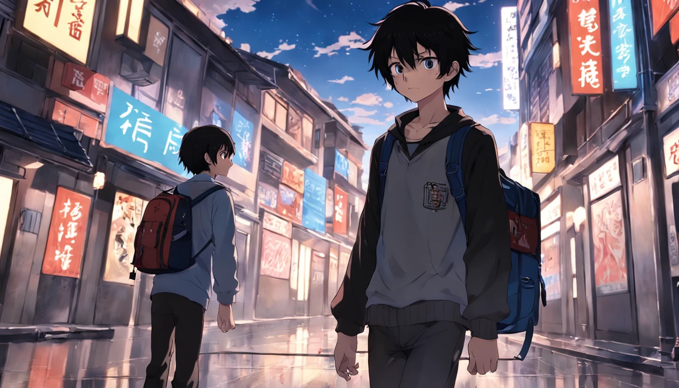 -year-oldme boniversity gates,wearing school bag,Black hair,on back