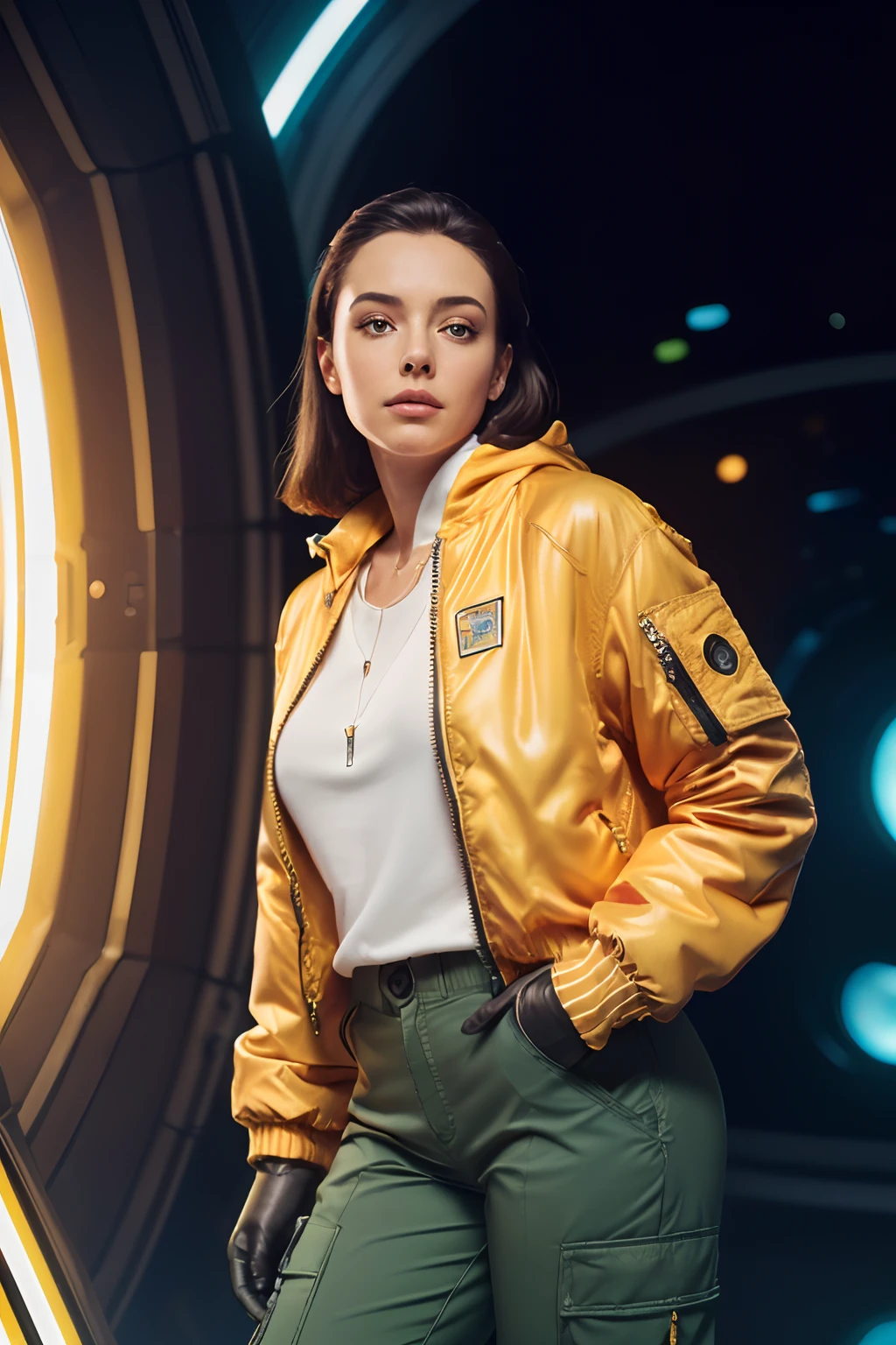 8k, ARTISTIC photography, best quality, masterpiece: 1.2), (realistic, photorealistic: 1.37)` Movie still from 2001: A Space Odyssey movie directed by (Stanley Kubrick), (cyberpunk girl ), (((Celina Smith))) , (half smile) , beautiful body, voluptuous body, thick thighs, ((yellow bomber jacket, green cargo pants, gloves, boots (((over-detailed clothing))), ((syd mead)), IN A realistic futuristic space station.. background,photographed on a Canon EOS-1D X Mark III, 50mm lens, F/2.8, (intricately detailed, hyperdetailed), ((RAW color)), sharp focus, HDR, 4k resolution, Cinematic film