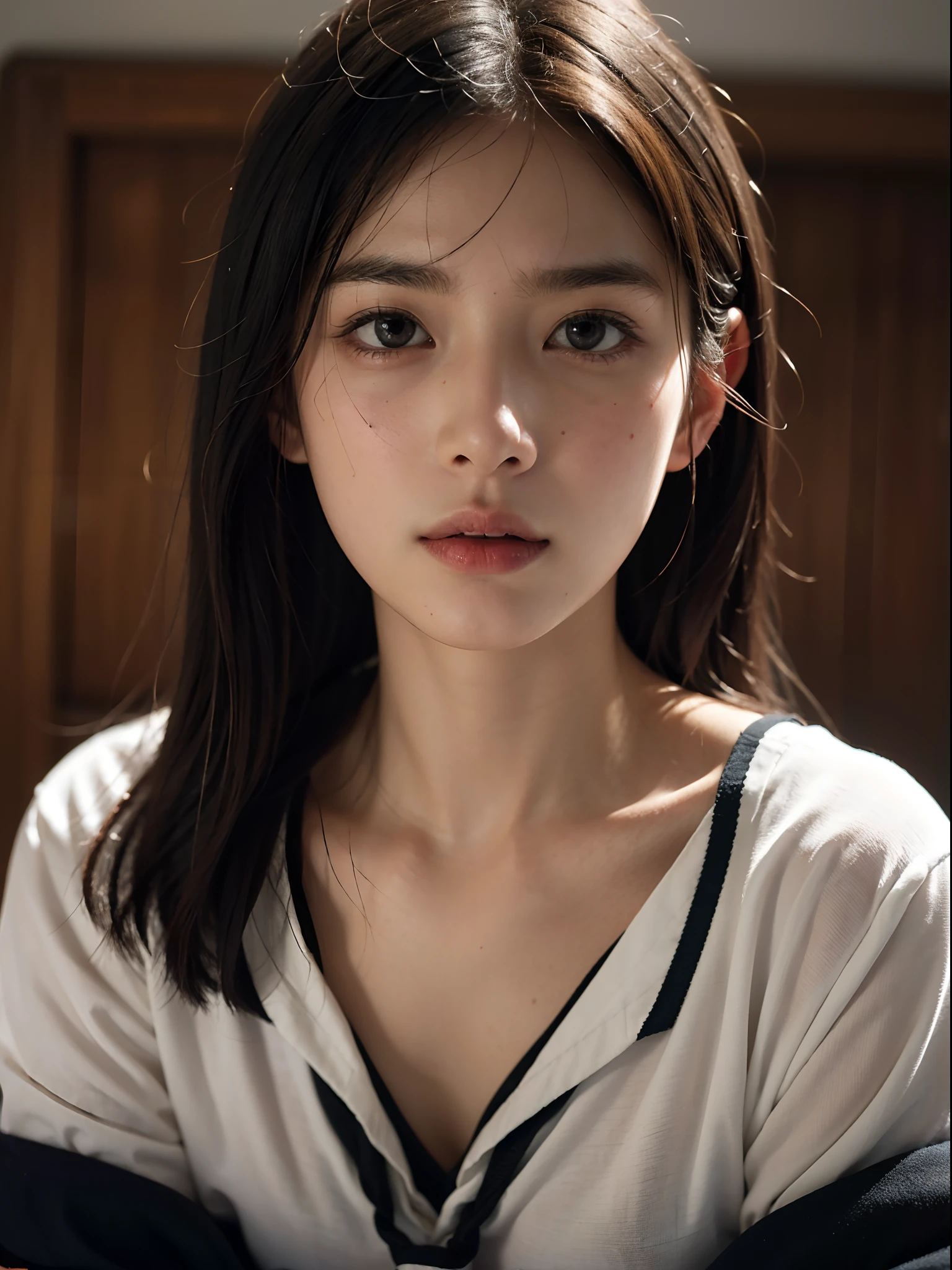 Temperament girl, big breasts, narrow waist delicate facial features, bangs, blue ponytail, messy hair, hair is very realistic, wearing a short-sleeved blue shirt, the background is the sky, sea view, Du Qiong, exquisite makeup, light red lips, big eyes, double eyelids, black holes, bright eyes, symmetrical face, face is very real, meticulously portrayed the girl's face, blush, super high value, looking at the audience, very realistic skin, skin oil reflection, artwork, clothes with real fabric texture, realistic painting, Cinematic style, photography level, ray tracing, realistic light and shadow effects, realism, masterpiece, like the top photography effect, 8K
