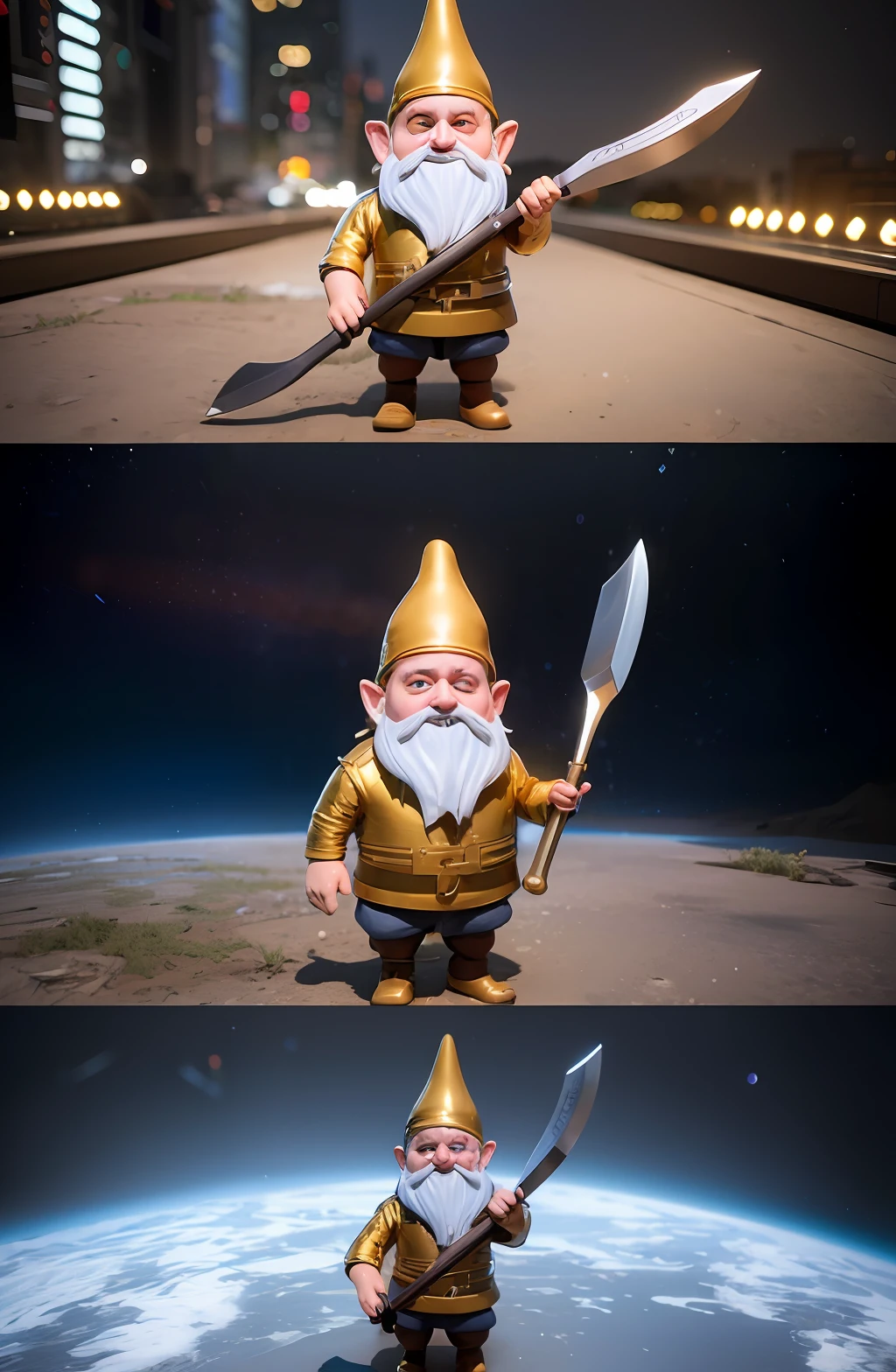 Hyperrealistic, Unreal engine, 3d, Cyberpunk Meta-Gnome wearing HighTech Vr Goggles, Cybernetic Beard. Holding a Scifi Gold mining Pick Axe, in the Holographics Hyperspace Metaverse 50mm ,Ray Tracing,