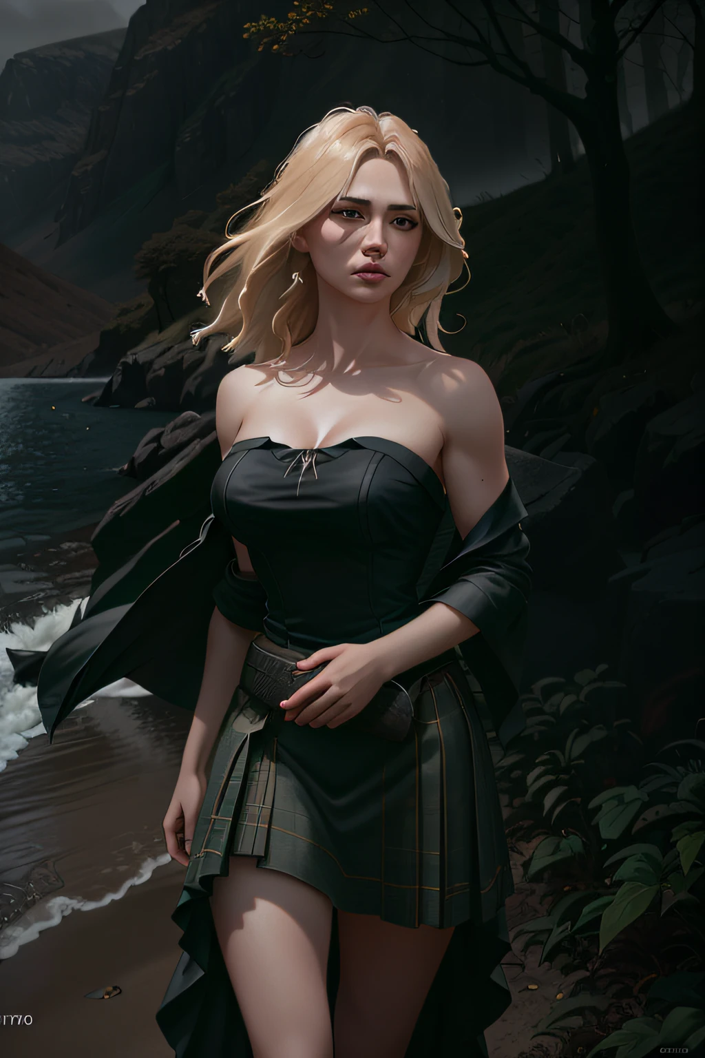 deepshadow, sinister, an award winning photograph, Best quality, Masterpiece, Upper body, woman,  Blonde hair blown by the wind, Emerald eyes, Jeremy Lipkin's modern strapless dress, author：Antonio J. Manzanedo, author：Lee Jeffries Nikon D850 Film Stock Photo 4 Kodaport 400 Camera F1.6 Shots rich colors Ultra-realistic realistic textures Dramatic lighting Trends on Unreal Engine ArtStation CineStill 800, fisheyelens, Style-Kilt, Windy beach, Scottish lakes, forest