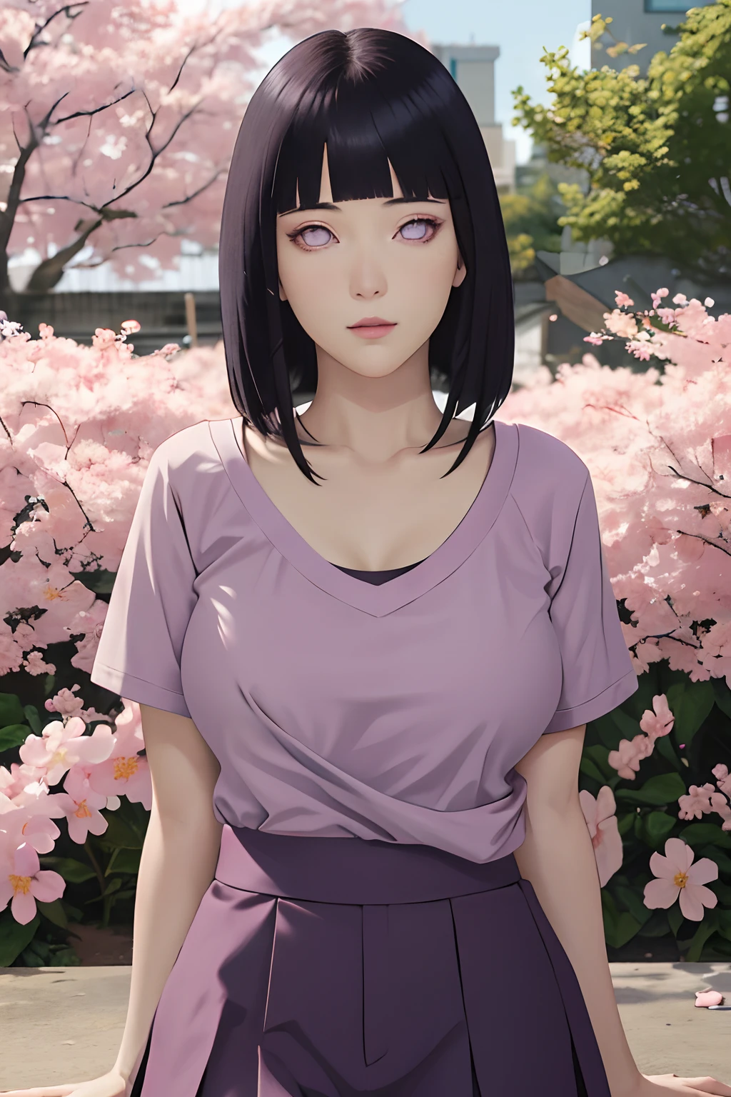 masterpiece, absurdres, hinata\(boruto\), 1girl, solo,mature female, tshirt v neck, high waist mini skirt, looking at viewer, (falling petals), perfect composition, detailed lips, big breast, beautiful face, body propotion, blush, (pink lips), long hair,  purple eyes,  soft gaze,  super realistic, detailed, photoshoot, realistic face and body, cleavage