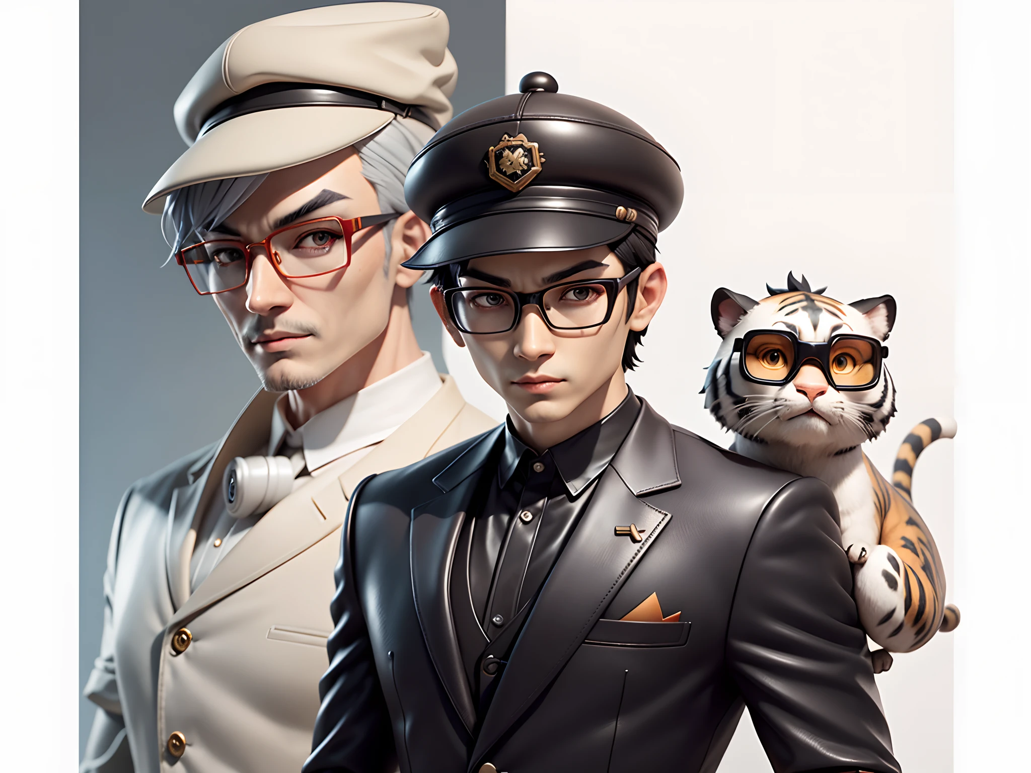 Young man with oriental face in leather hat, tiger, oriental face in formal suit, short black hair, silver glasses, digital painting, 3D character design by Mark Clairedon and Pixar and Hayao Miyazaki and Akira Toriyama, the illustration is a high-definition illustration in 4K resolution with very detailed facial features and cartoon-style visuals.