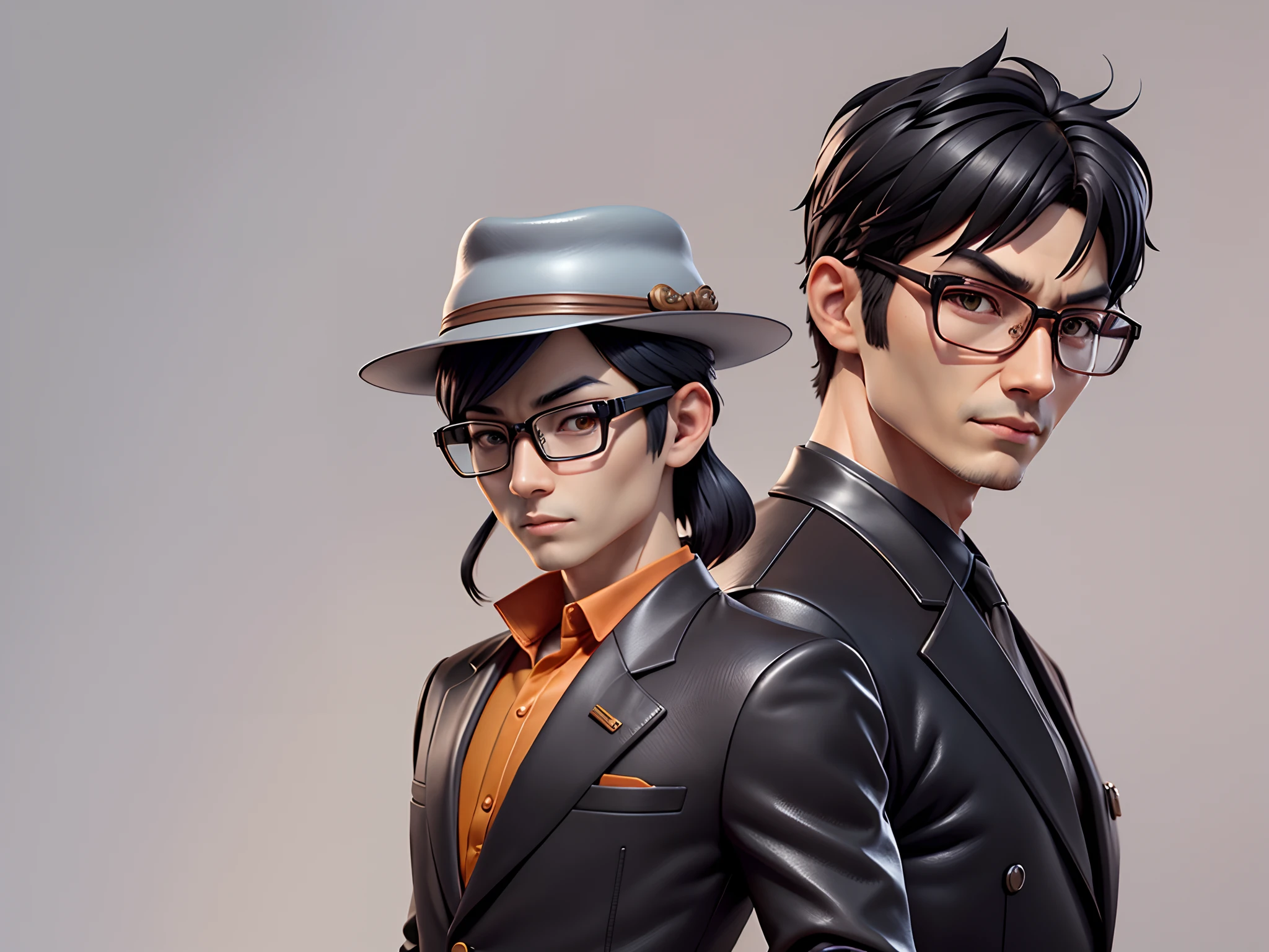 Young man with oriental face in leather hat, tiger, oriental face in formal suit, short black hair, silver glasses, digital painting, 3D character design by Mark Clairedon and Pixar and Hayao Miyazaki and Akira Toriyama, the illustration is a high-definition illustration in 4K resolution with very detailed facial features and cartoon-style visuals.