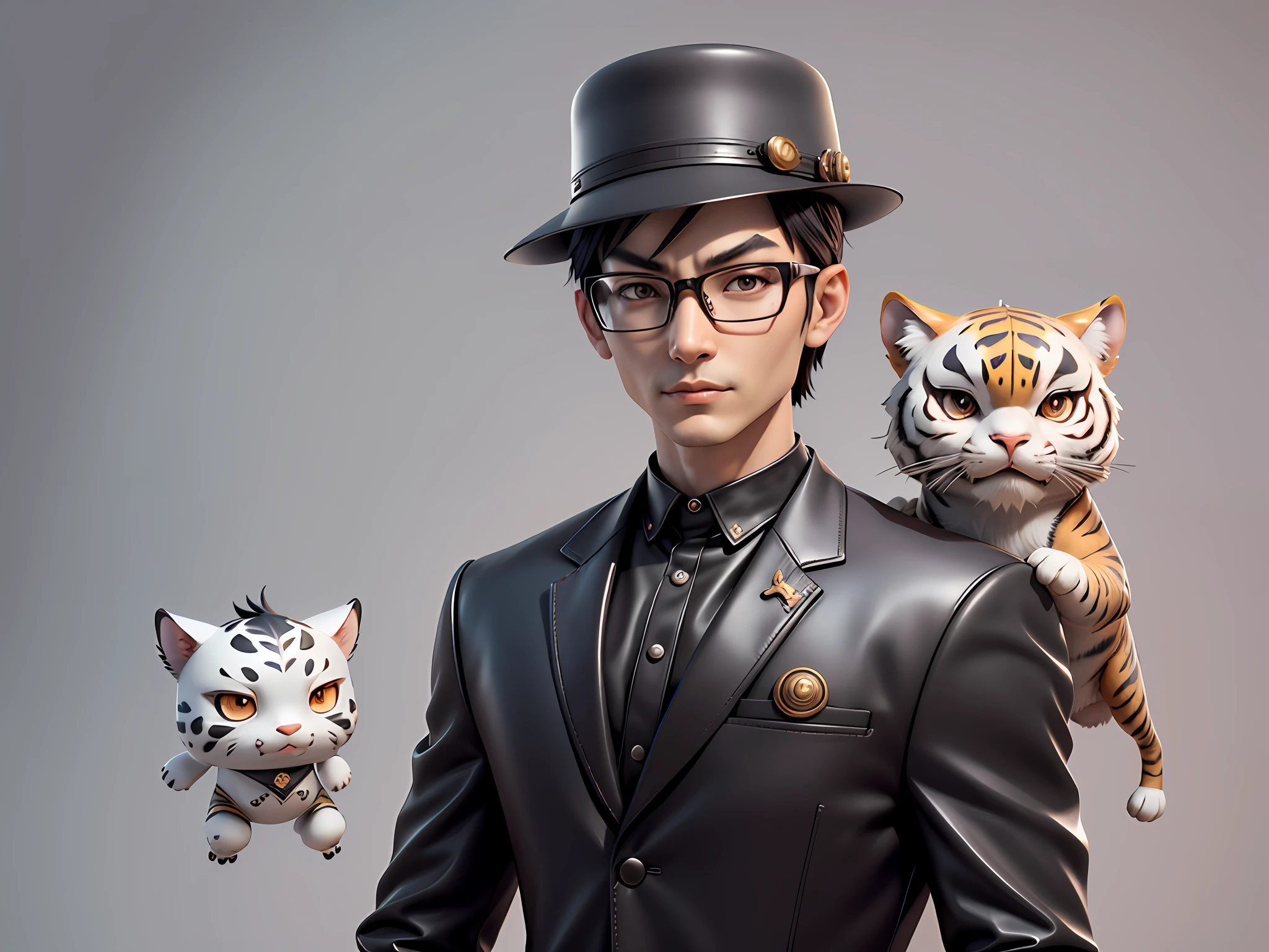 Young man with oriental face in leather hat, tiger, oriental face in formal suit, short black hair, silver glasses, digital painting, 3D character design by Mark Clairedon and Pixar and Hayao Miyazaki and Akira Toriyama, the illustration is a high-definition illustration in 4K resolution with very detailed facial features and cartoon-style visuals.