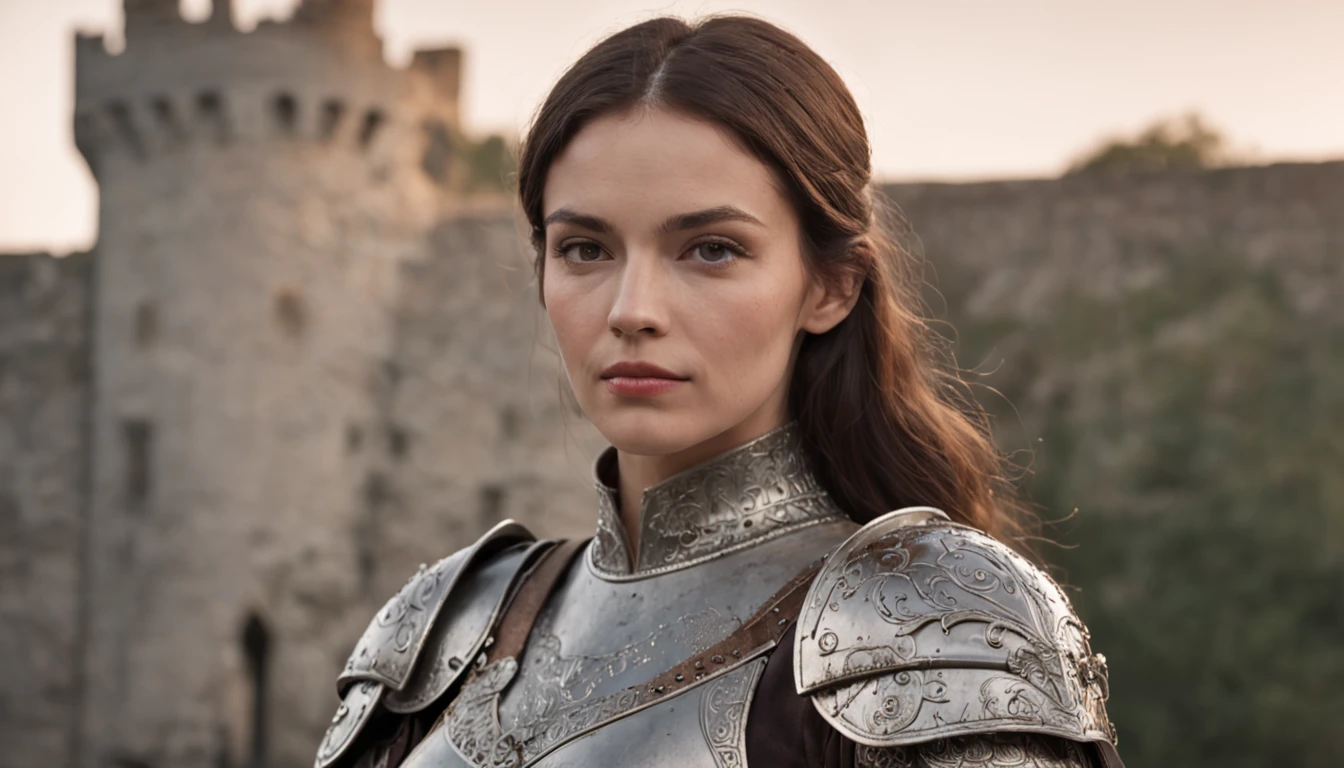 An intense, close-up depiction of a woman in knight's armor. She stands on a stone bridge, castle walls rising tall and imposing behind her. In her hand, she holds a sword, its edge gleaming in the soft, fading light of the sunset. Her face is resolute, showing the strength and courage that resides within her. Intricate detailing on the armor, castle, and sword give the scene a lifelike, realistic quality.
