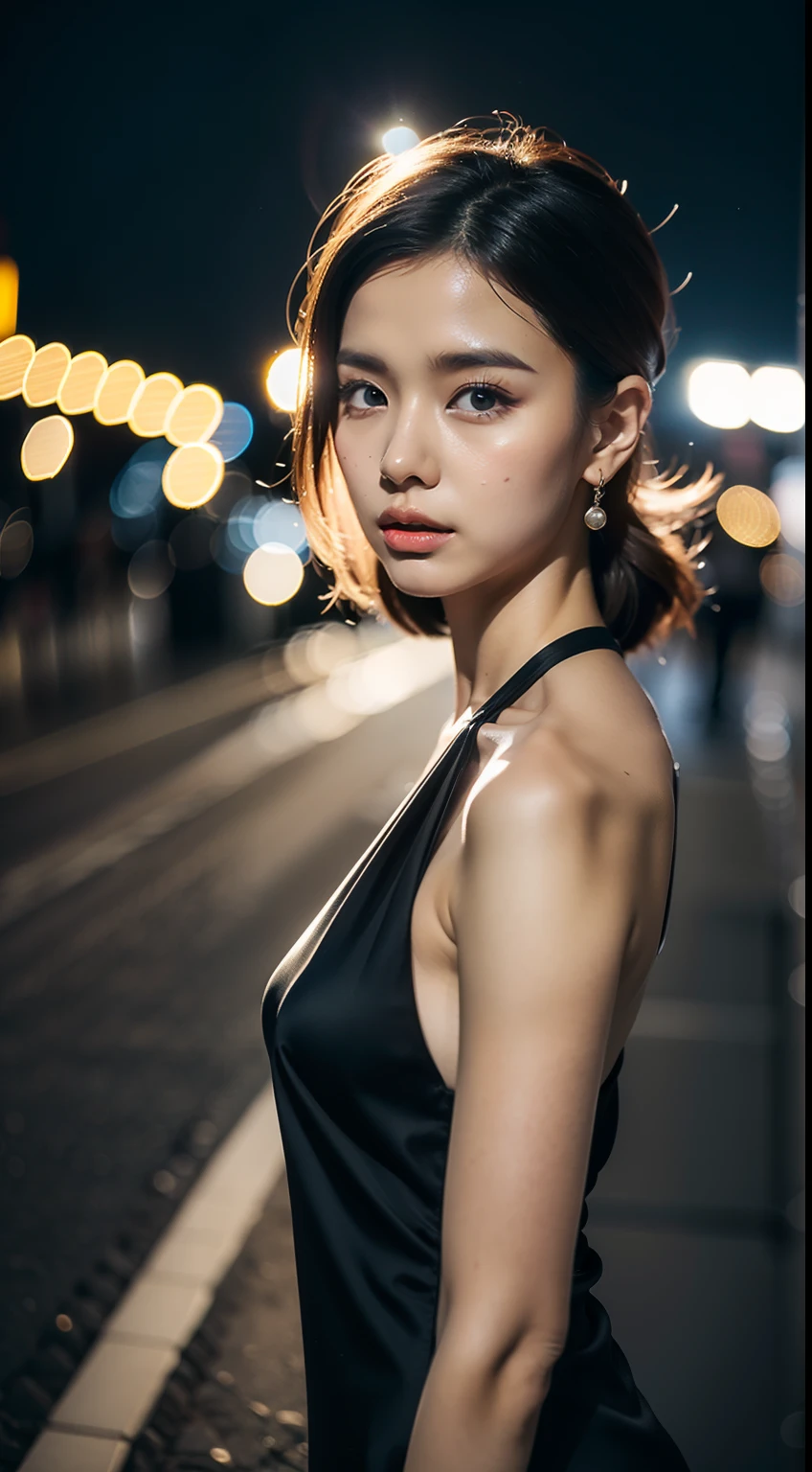 （8K分辨率，Photo above the thigh，Sideways close-up photo），（1womanl，20yr old，（（Facial features of Thai Min：1.8，s delicate face，详细的脸），floated hair，Confused eyes，Slightly open mouth），Fair smooth skin，（Best Skin Type：1.21），（Slender abs，Clear vest line），captivating curves，（Silk halter neck cross-type bandeau，Black silk horse face dress），Elongated earrings，Roman shoes，With a petite figure，（Model walking on the road，Naturally placed hands），delicate artwork，perfect hand，Ultra-fine clothing material），（City night background，Deep view，Exquisite environmental details），（Professional lighting，动态照明），（（The color is uniform，（white colors，black in color））），（Golden section，Cinema lenses，Hasselblad photograp，tmasterpiece：1.3），（The art of culture，fashion art，trendsetting，Artis，Art platform）