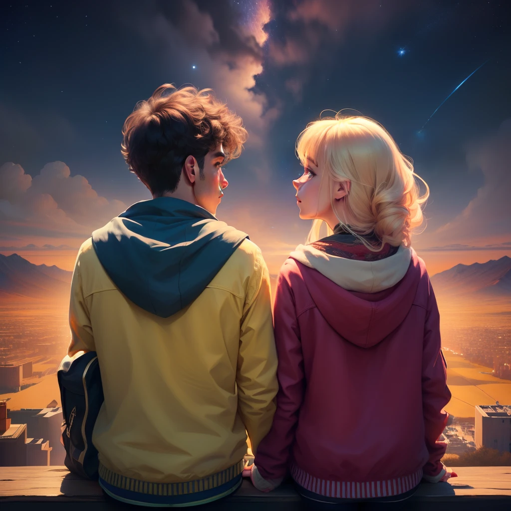 Chico y chica mirando las estrellas 4k