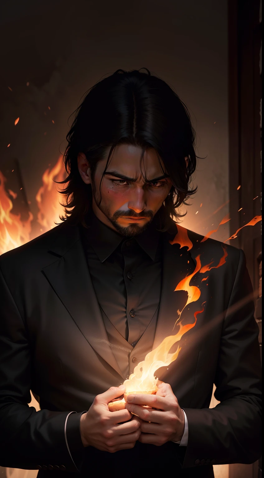 hombre llorando, arrodillado en medio del apocalipsis, oscuro, cielo negro, Destruction around you, fuego en sus manos, un aura de fuego around you, mirando de frente, traje oscuro, demonios