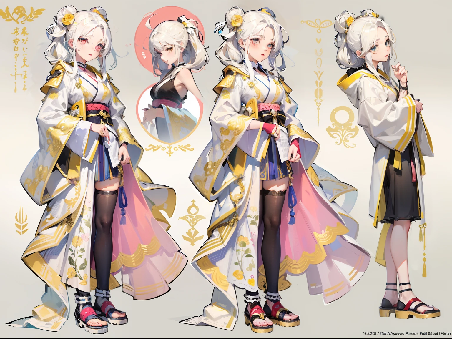 ((Masterpiece, Highest quality)), Detailed face, CharacterDesignSheet， full bodyesbian, Full of details, Multiple poses and expressions, Highly detailed, Depth, Many parts，A beautiful girl with white hair，Shoelaces twisted braids，He wears a blonde hairpin，Dressed in white、Pink and gold kimono，Behind him is a blue-gold cloak，The lower body is wearing white stockings，Bare legged，Light pink pupils，epic exquisite  character art, Amazing characters