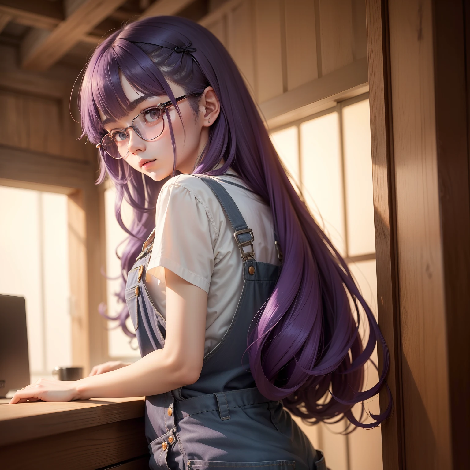 top quality picture、refined face、18year old、Slim body、long hair of lavender color、Kurobuchi glasses、Wearing overalls、You can see a little face from the back.