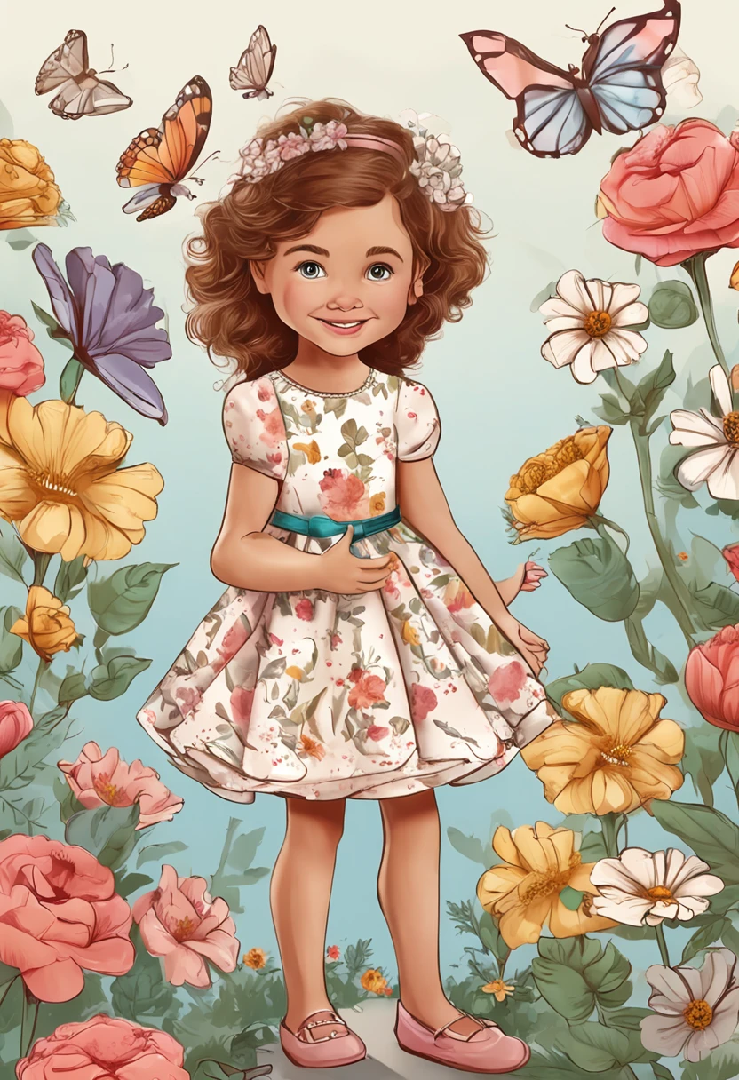 menina de 4 anos, various poses and expressions, em fundo branco liso, realistic children's book illustration. fofa,with small dog, fofo, medium brown hair, vestido estilo camponesa com estampa de flores, com tiara de flores, sapatinho vermelho