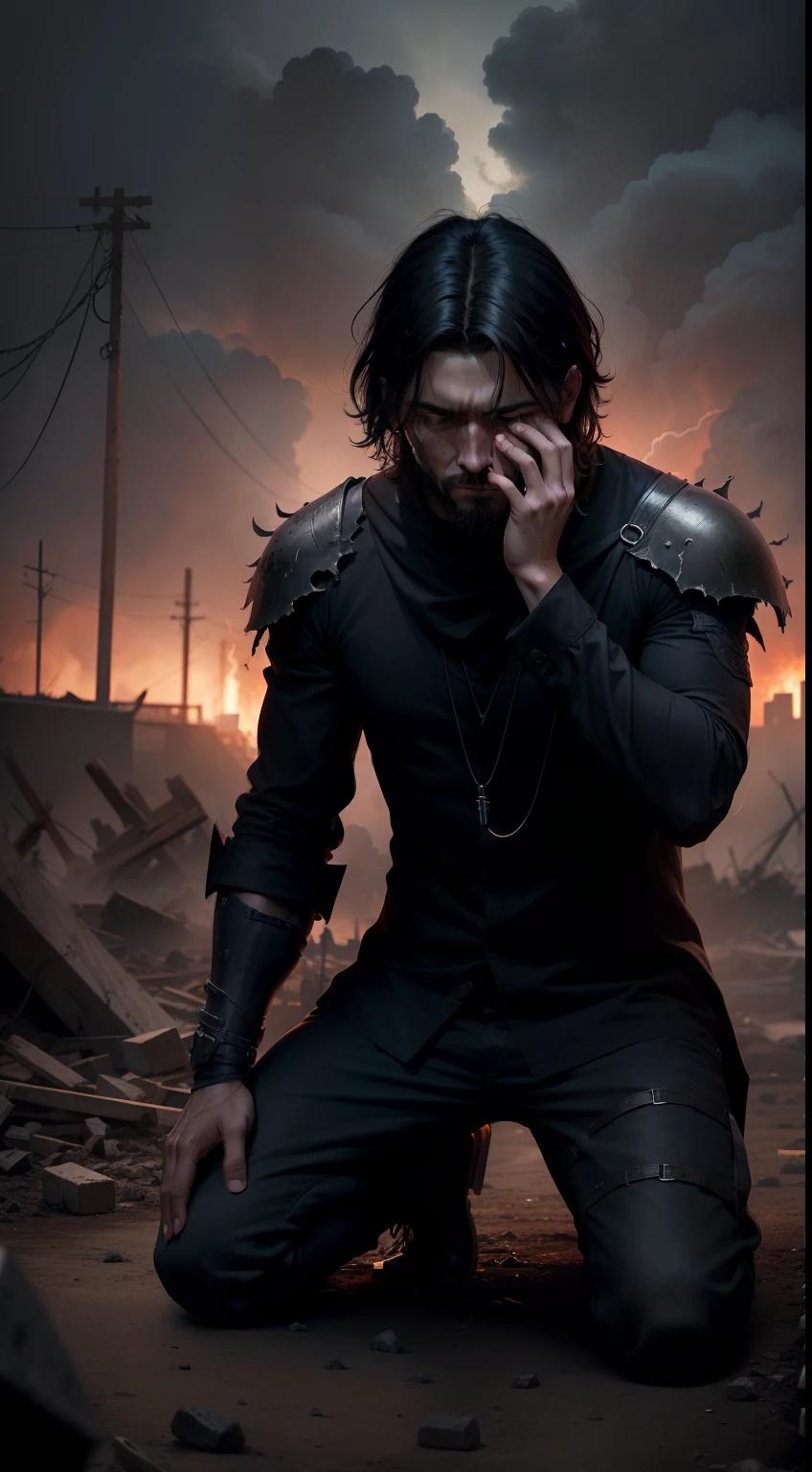 hombre llorando, kneeling in the middle of the apocalypse, oscuro, cielo negro, Destruction around you, fuego en sus manos, un aura de viento around you, mirando de frente, traje oscuro, demonios cadaveres en el suelo muertos