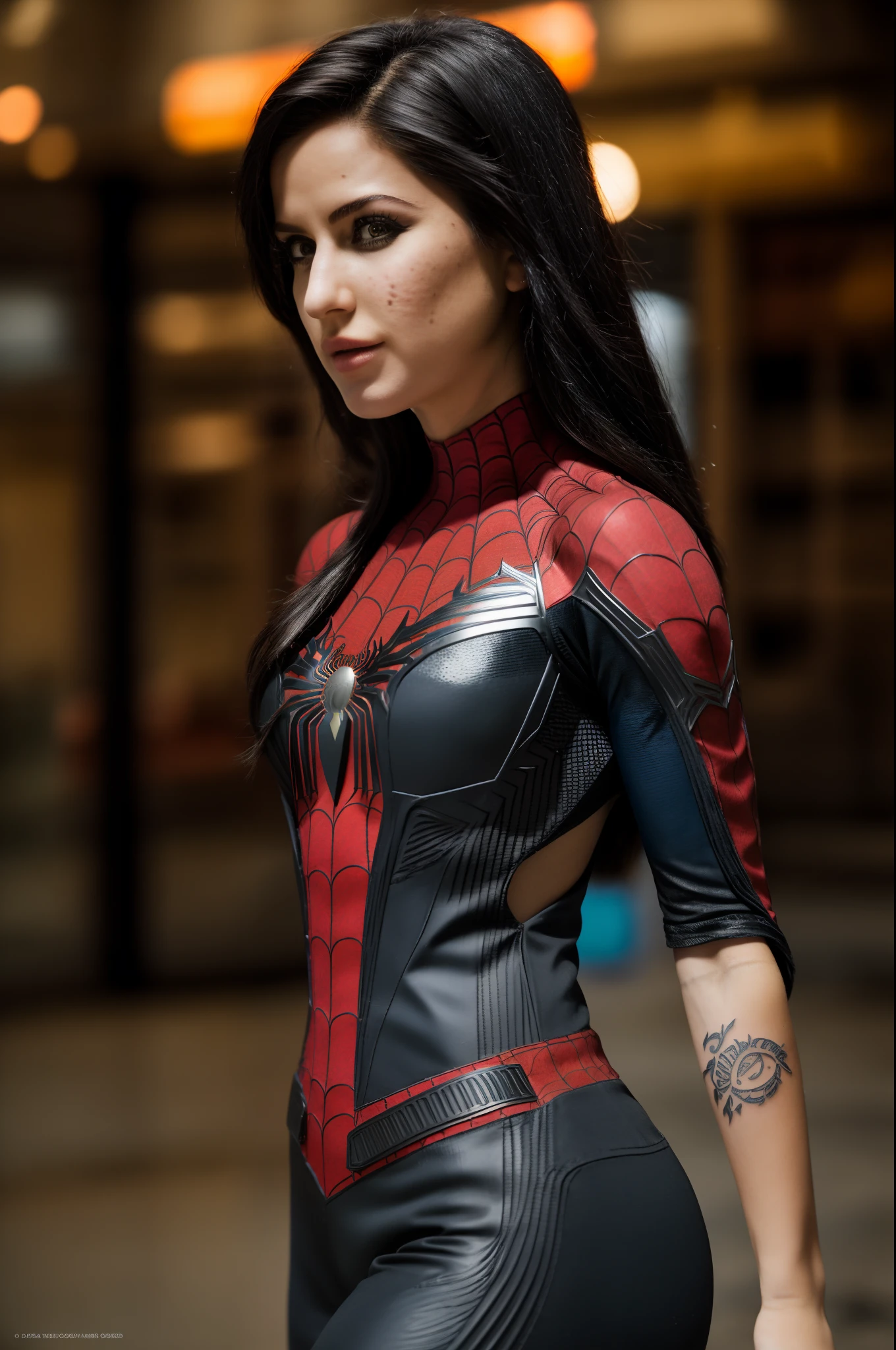 1woman, looking at the viewer, in a full body (Spider-Man costume), cosplay, black hair, alone, (solo:1.2), bokeh, , (highly detailed skin), freckles, (tattoos: 0.6), toned body, large breasts, (key light: 0.4), split lighting portrait, medium depth of field, photographed on a Canon EOS R5, 100mm lens, F/4 aperture, (intricate and hyper-detailed details), sharp focus, 8k, absurdists, 8mm film grain, short hair, gwen stacy costume, white costume